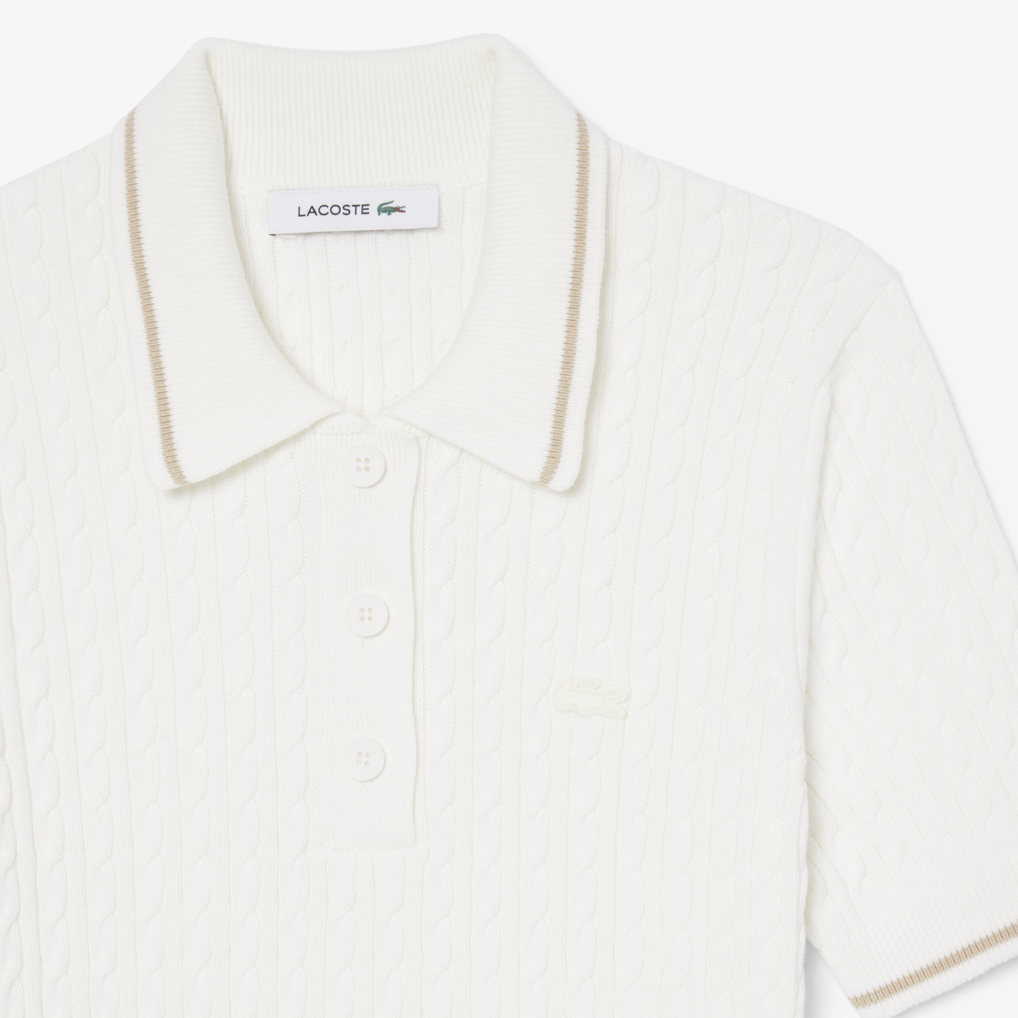 Áo Len Lacoste Nữ Dáng Suông Đan Sợi Cáp Cổ Polo Kẻ Sọc