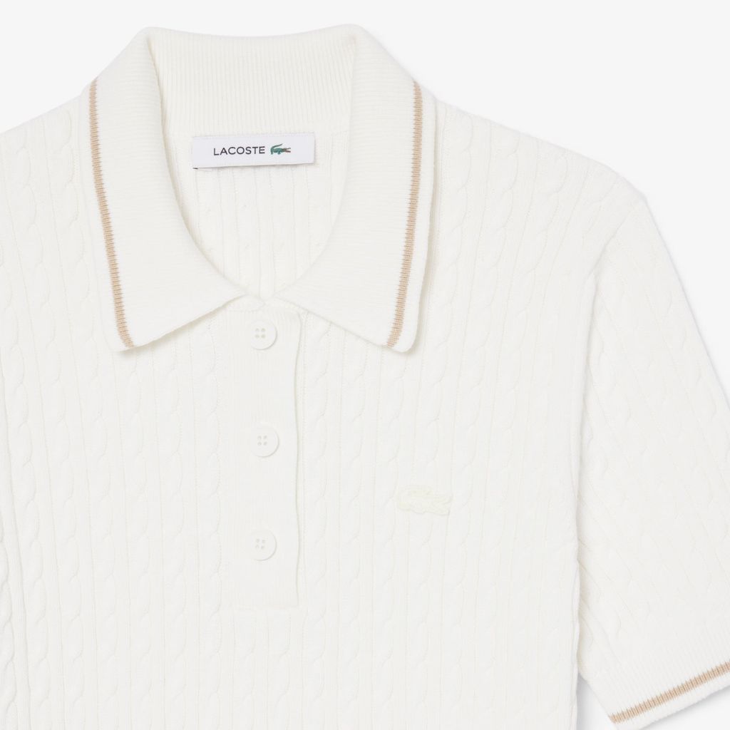 Áo Len Lacoste Nữ Dáng Suông Đan Sợi Cáp Cổ Polo Kẻ Sọc