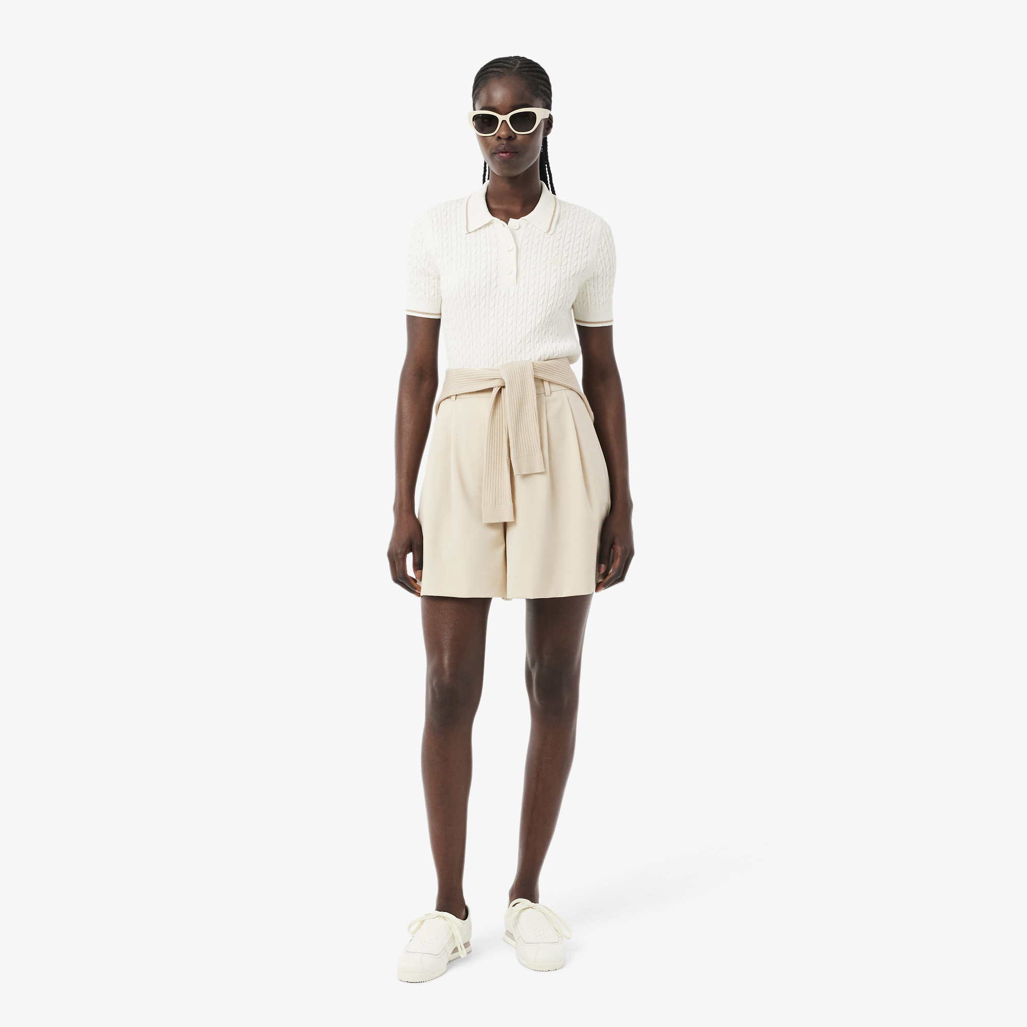 Áo Len Lacoste Nữ Dáng Suông Đan Sợi Cáp Cổ Polo Kẻ Sọc