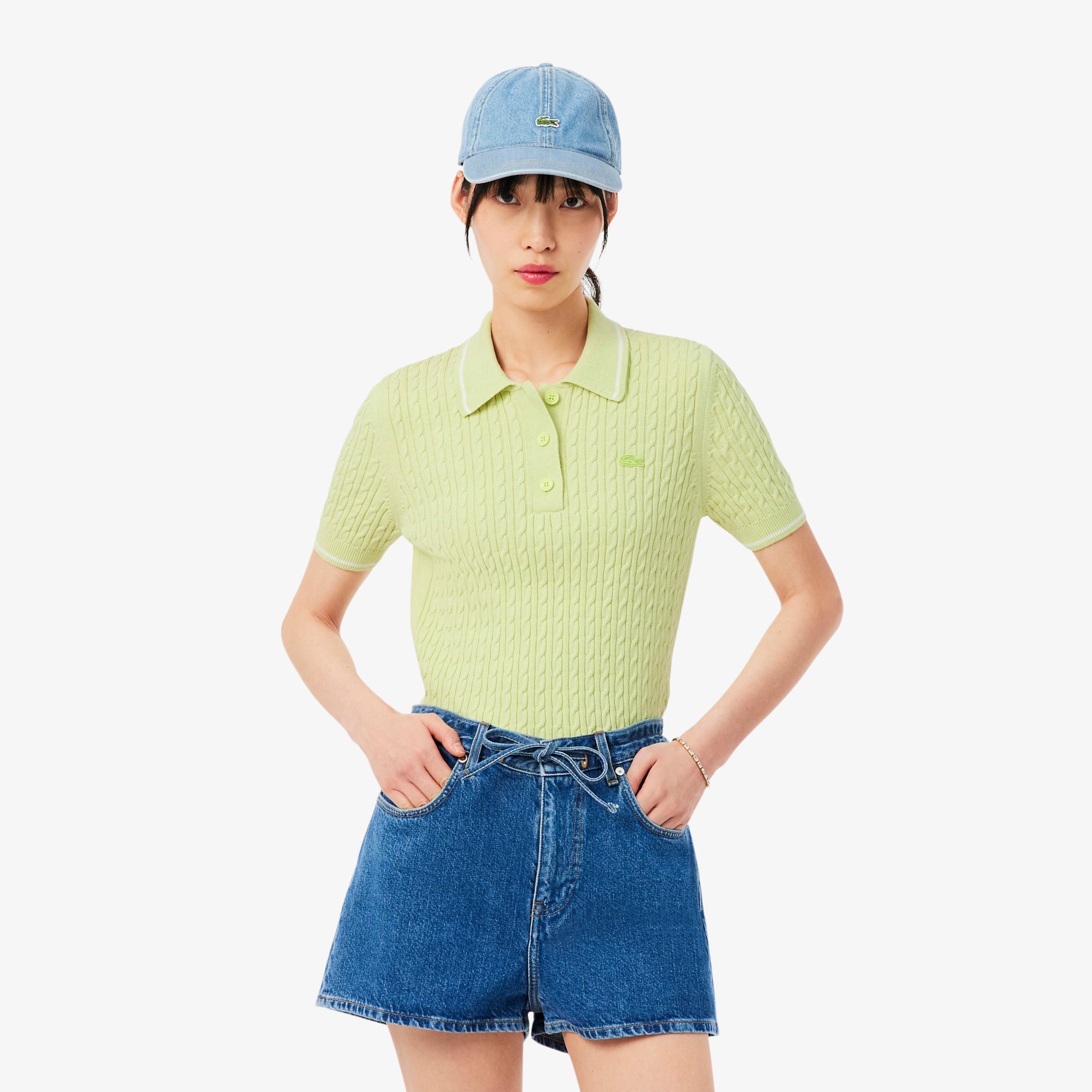 Áo Len Lacoste Nữ Dáng Suông Đan Sợi Cáp Cổ Polo Kẻ Sọc