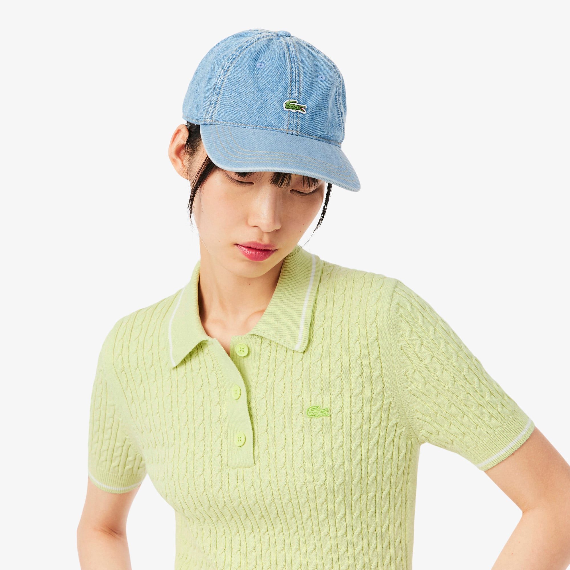 Áo Len Lacoste Nữ Dáng Suông Đan Sợi Cáp Cổ Polo Kẻ Sọc