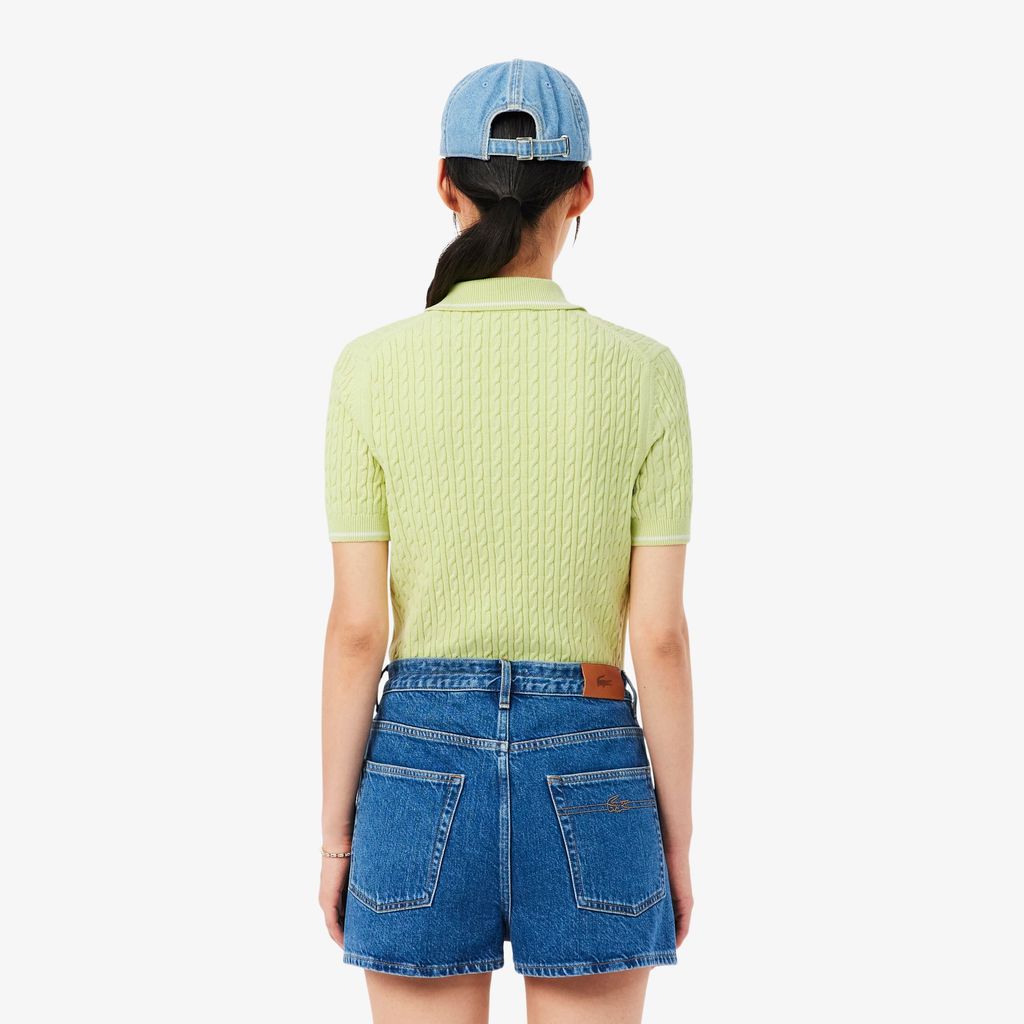 Áo Len Lacoste Nữ Dáng Suông Đan Sợi Cáp Cổ Polo Kẻ Sọc