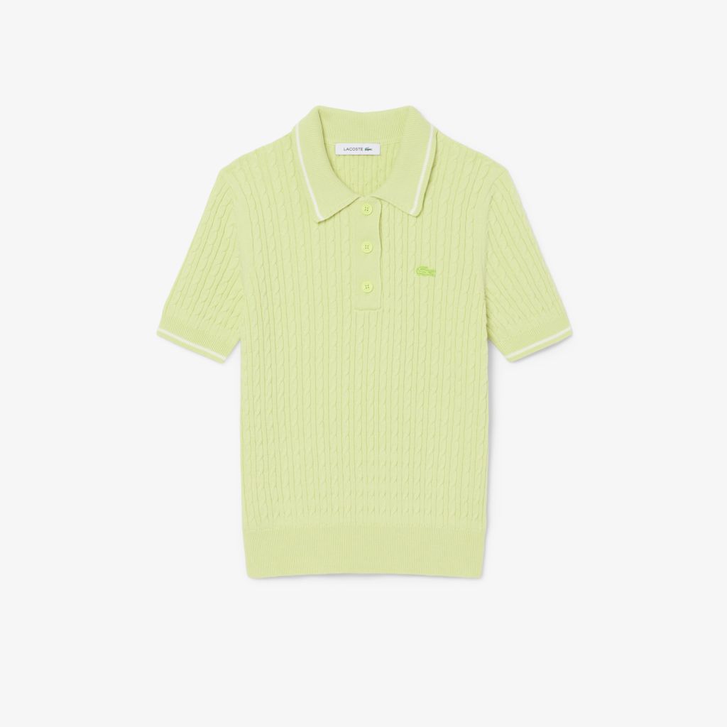 Áo Len Lacoste Nữ Dáng Suông Đan Sợi Cáp Cổ Polo Kẻ Sọc