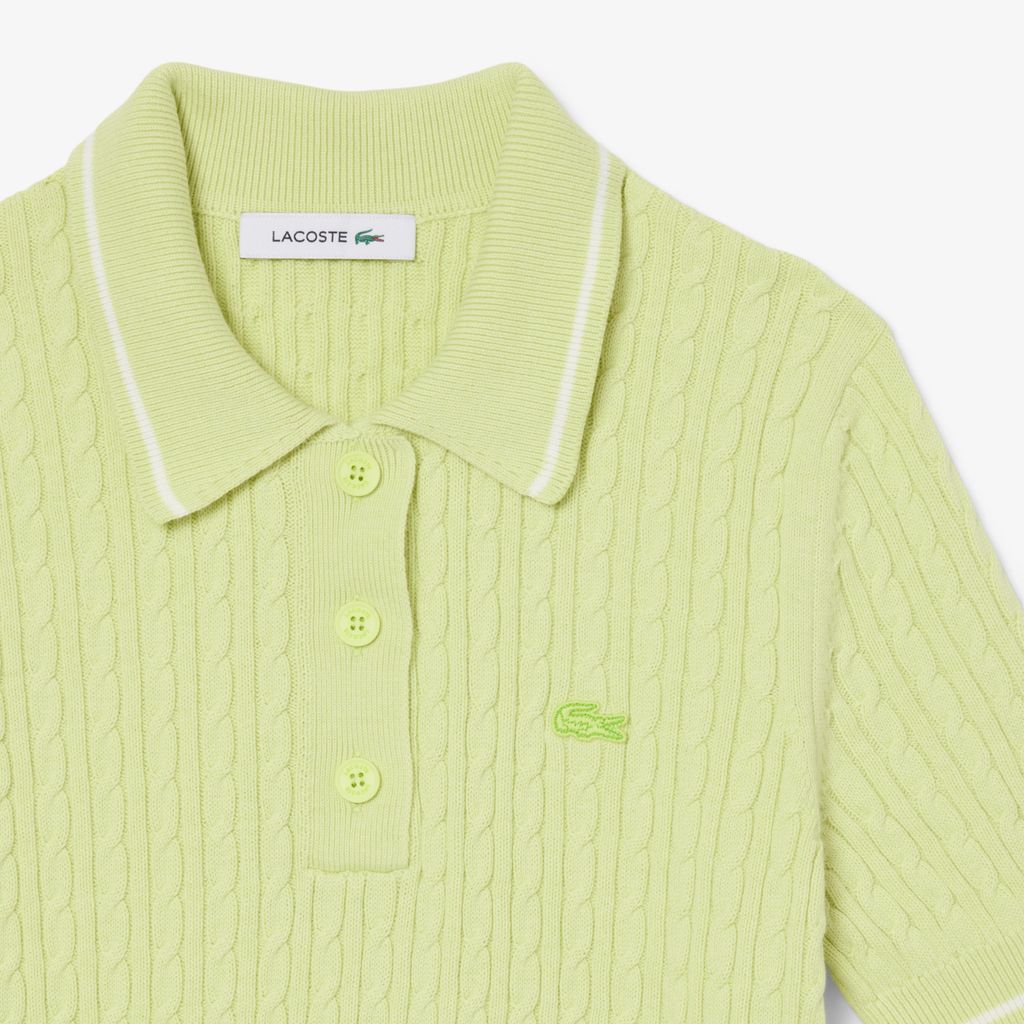 Áo Len Lacoste Nữ Dáng Suông Đan Sợi Cáp Cổ Polo Kẻ Sọc