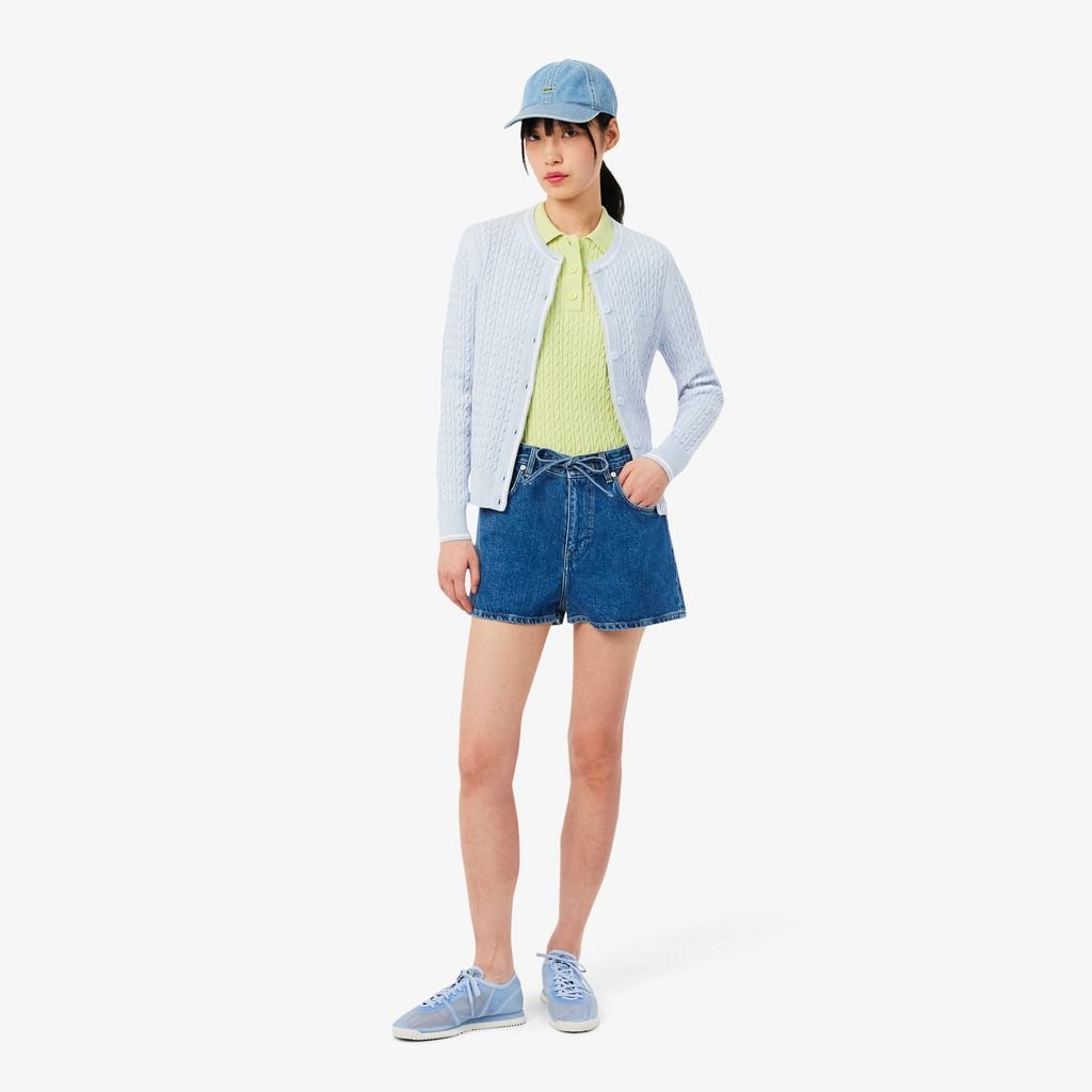 Áo Len Lacoste Nữ Dáng Suông Đan Sợi Cáp Cổ Polo Kẻ Sọc
