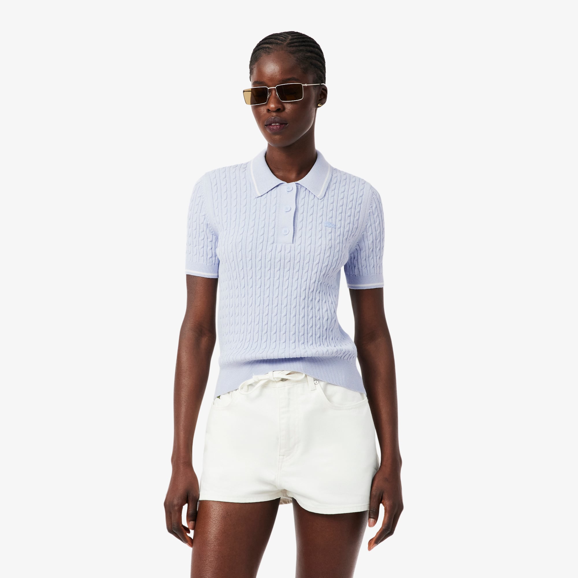 Áo Len Lacoste Nữ Dáng Suông Đan Sợi Cáp Cổ Polo Kẻ Sọc