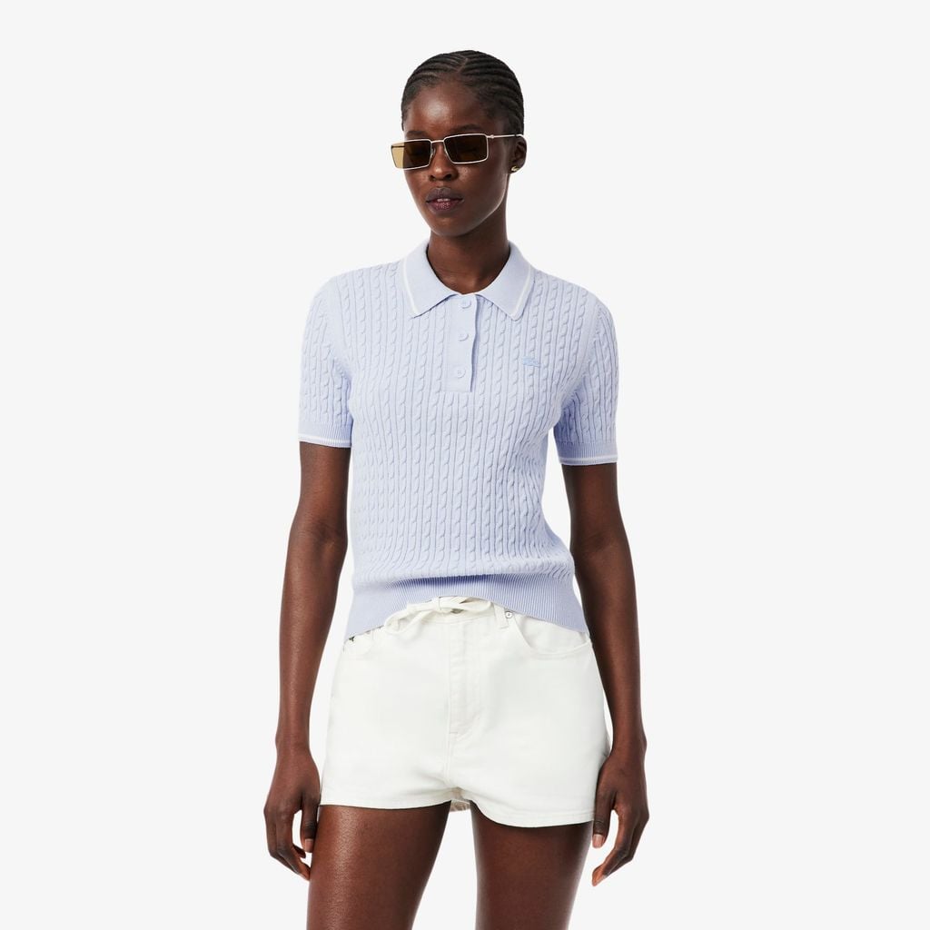 Áo Len Lacoste Nữ Dáng Suông Đan Sợi Cáp Cổ Polo Kẻ Sọc