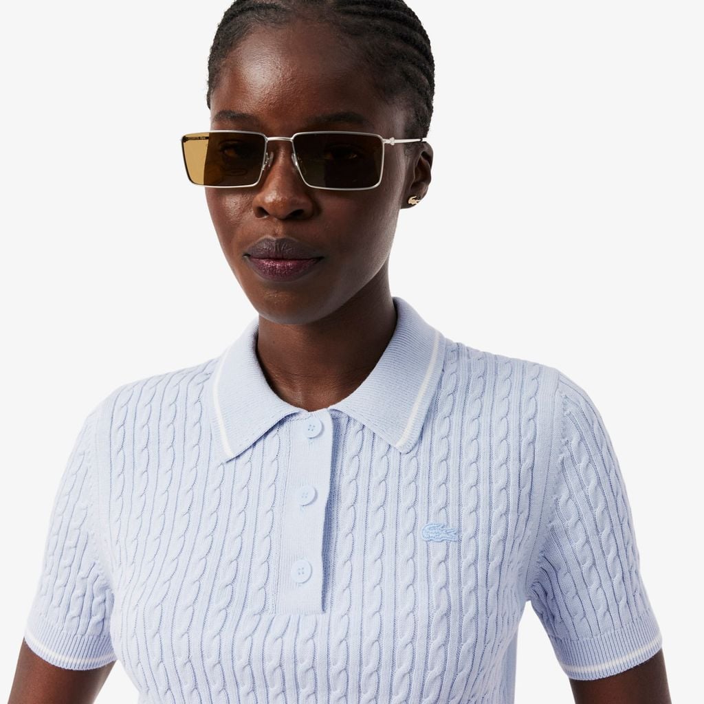 Áo Len Lacoste Nữ Dáng Suông Đan Sợi Cáp Cổ Polo Kẻ Sọc