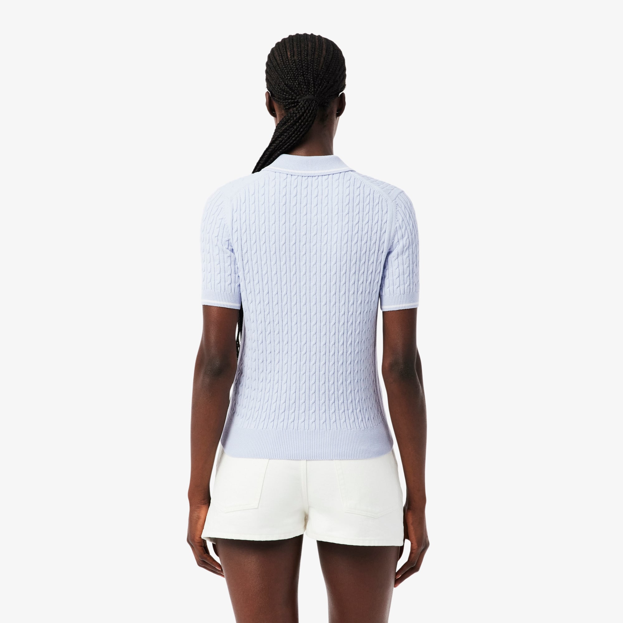 Áo Len Lacoste Nữ Dáng Suông Đan Sợi Cáp Cổ Polo Kẻ Sọc