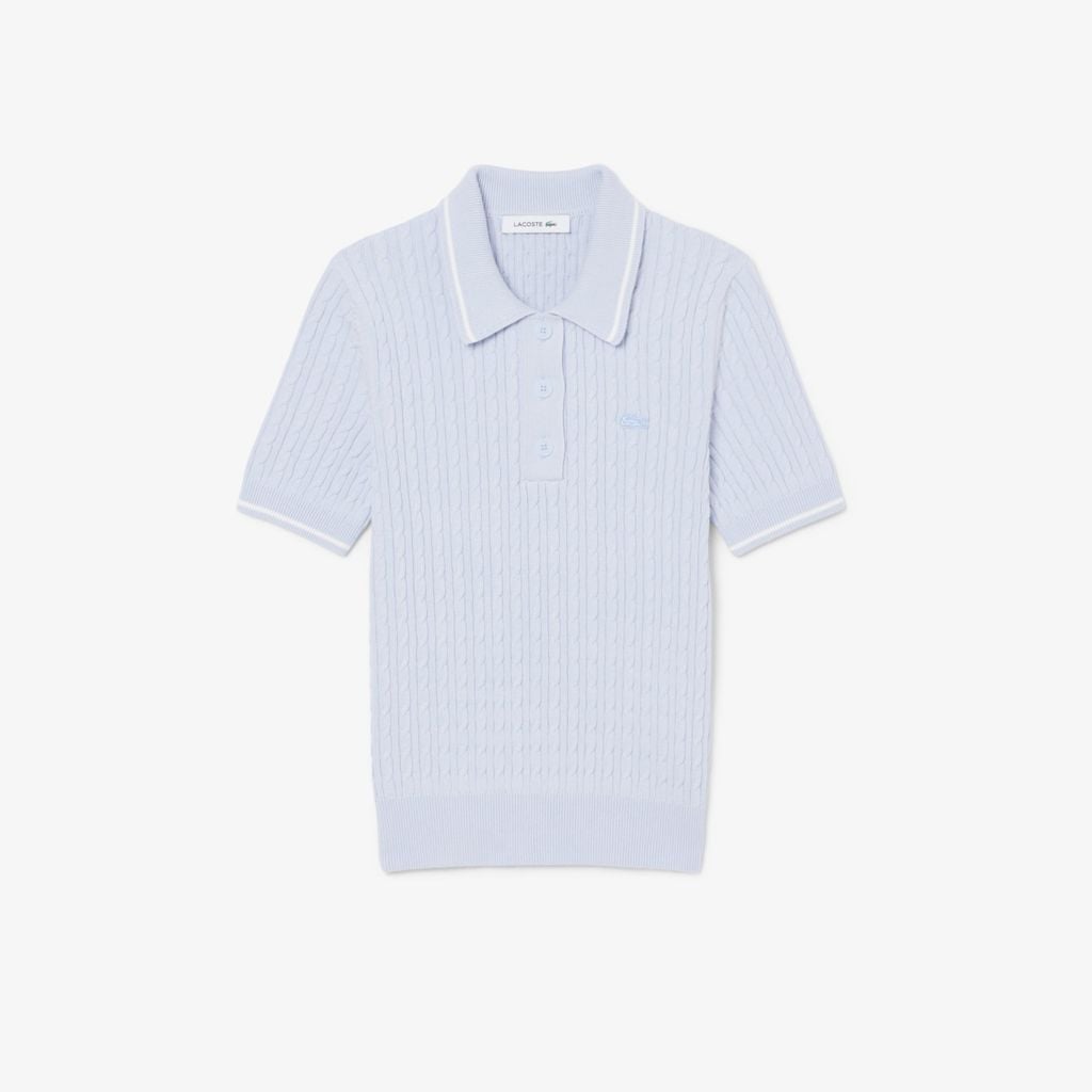 Áo Len Lacoste Nữ Dáng Suông Đan Sợi Cáp Cổ Polo Kẻ Sọc