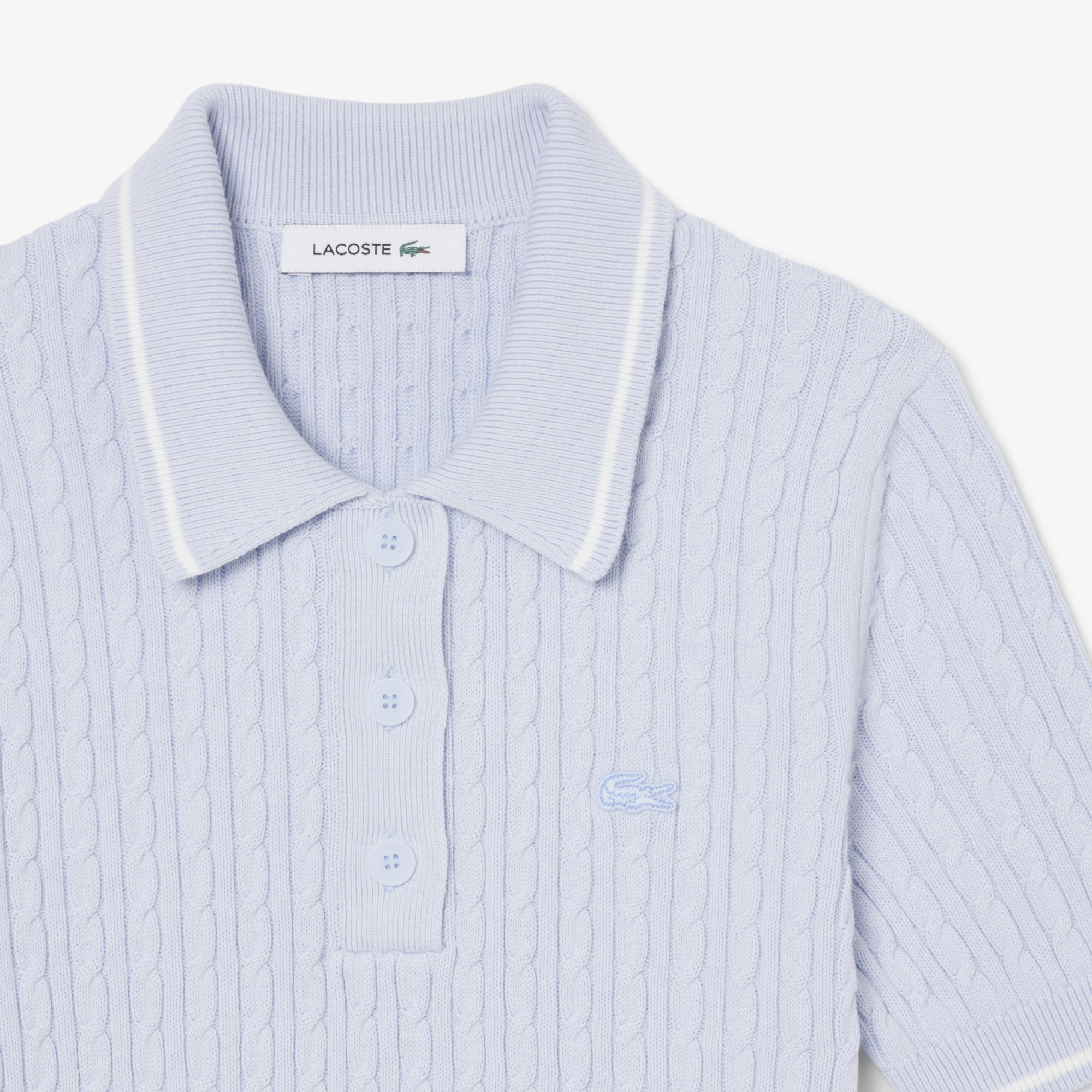 Áo Len Lacoste Nữ Dáng Suông Đan Sợi Cáp Cổ Polo Kẻ Sọc
