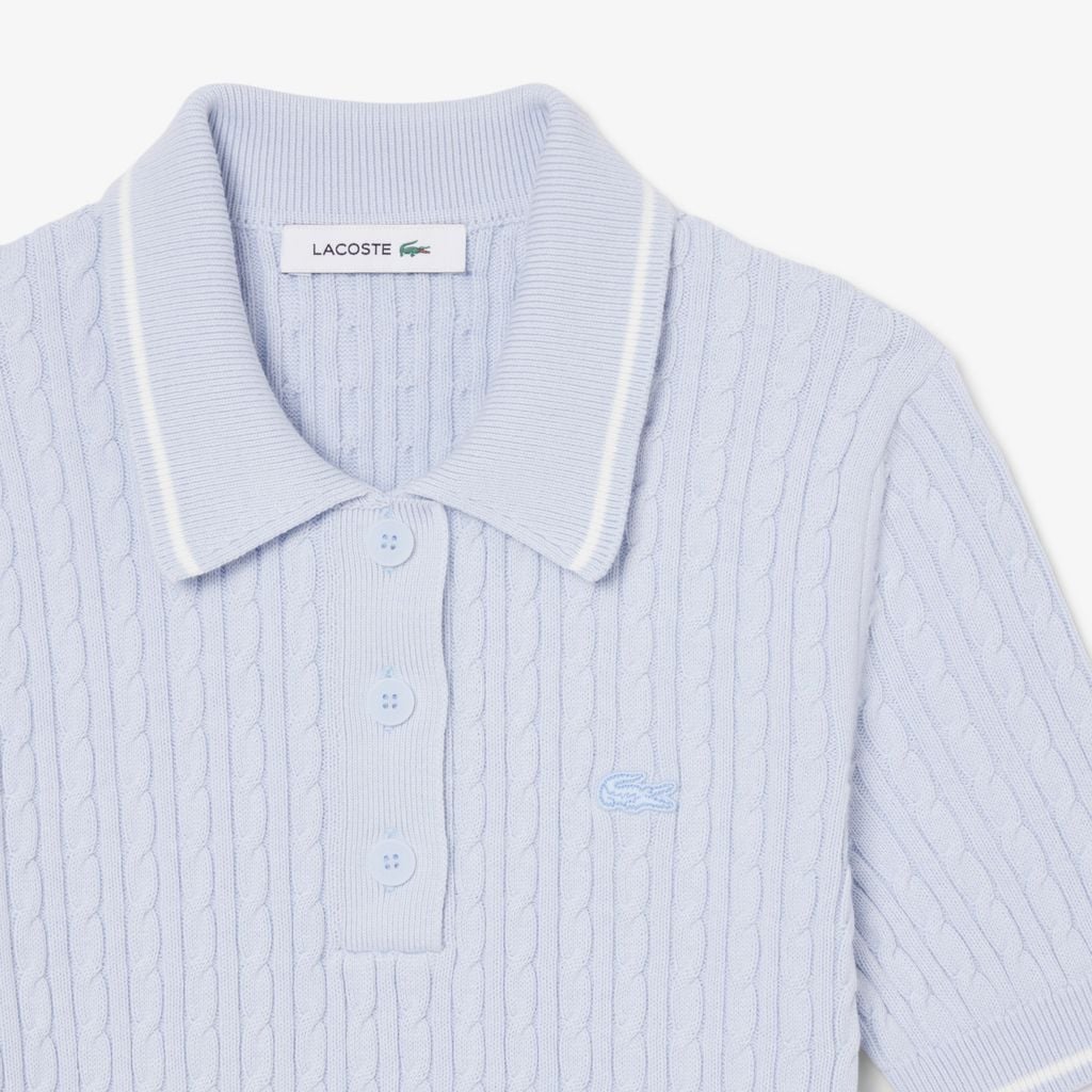Áo Len Lacoste Nữ Dáng Suông Đan Sợi Cáp Cổ Polo Kẻ Sọc