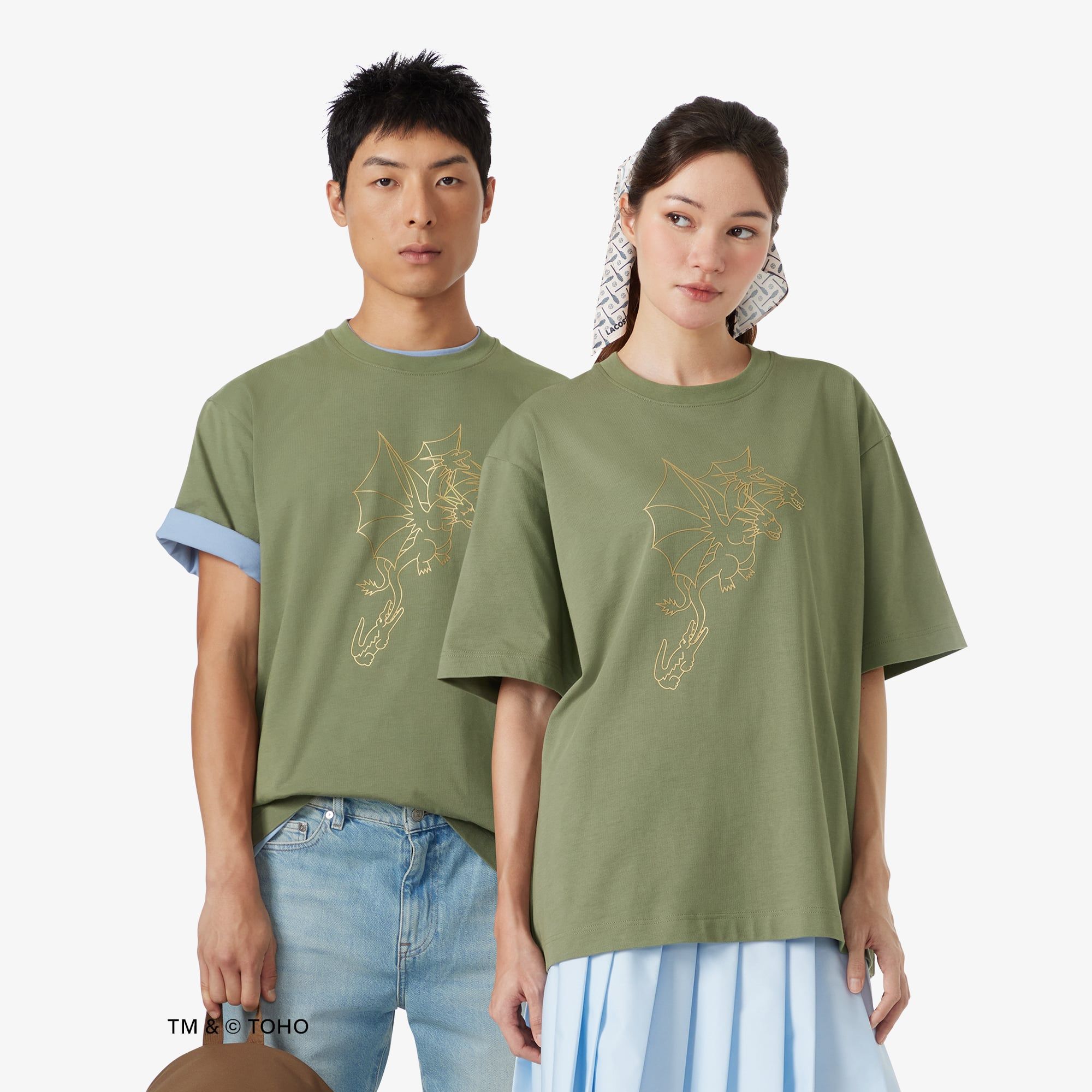 Áo Thun Lacoste x Godzilla Nam Dáng Rộng Chất Liệu Cotton In Hình King Ghidorah