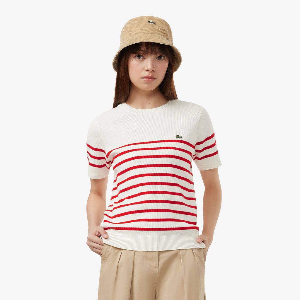 Áo Len Lacoste Nữ Dáng Suông Họa Tiết Sọc Chất Liệu Cotton