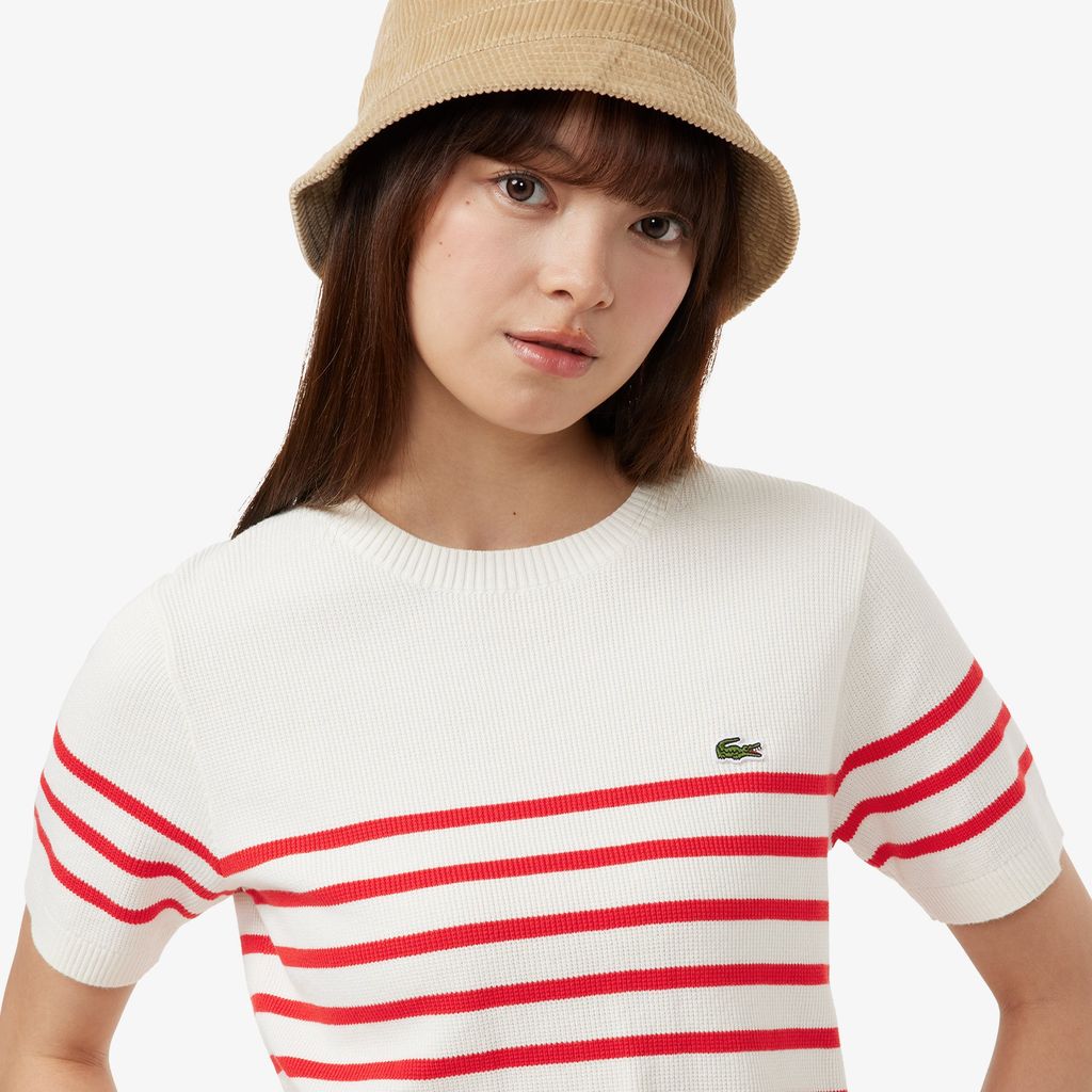 Áo Len Lacoste Nữ Dáng Suông Họa Tiết Sọc Chất Liệu Cotton