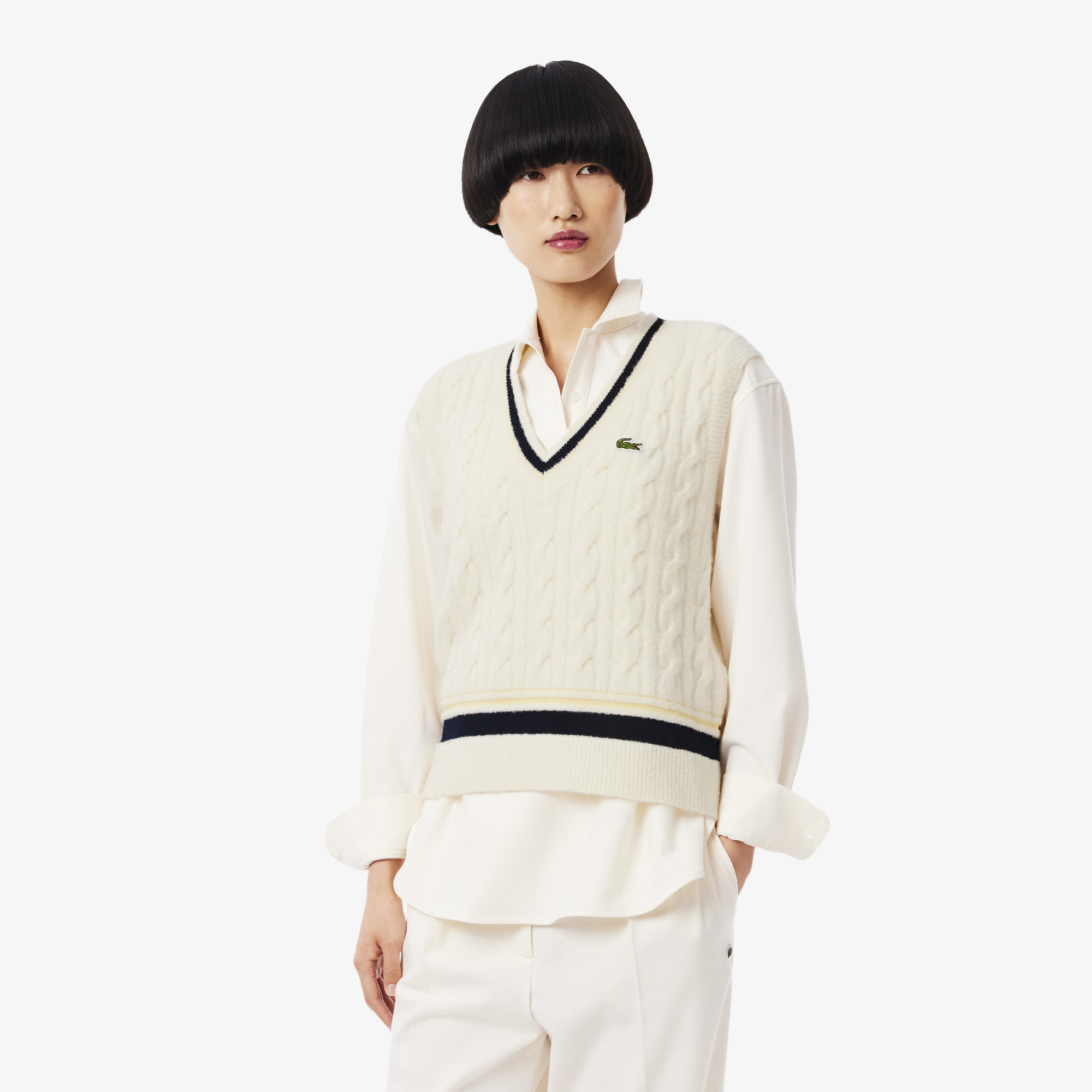 Áo Len Ghi Lê Lacoste Nữ Dáng Cổ Điển Đan Vặn Thừng