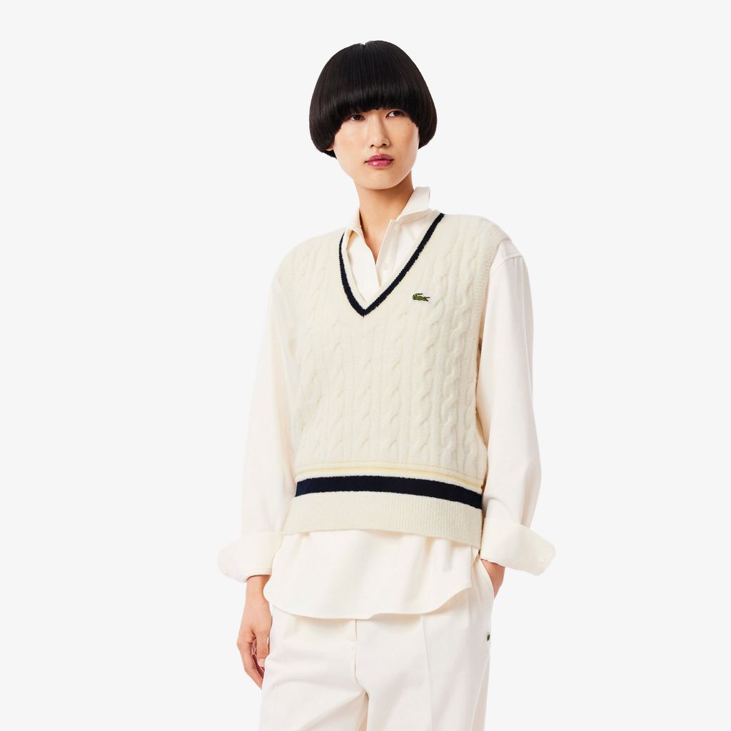 Áo Len Ghi Lê Lacoste Nữ Dáng Cổ Điển Đan Vặn Thừng