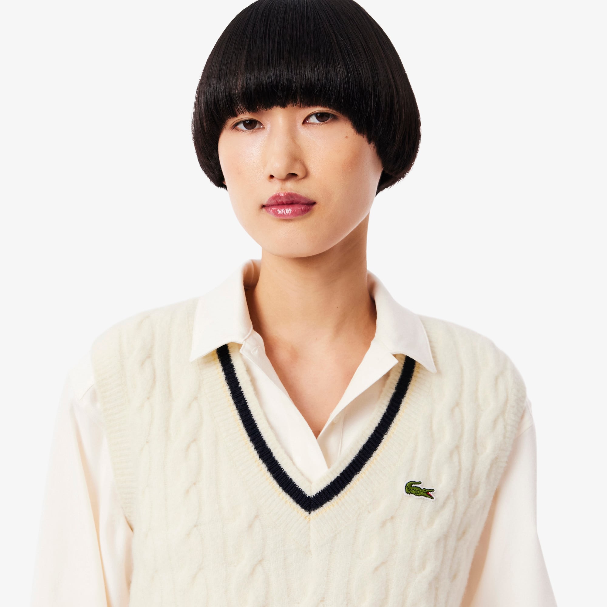 Áo Len Ghi Lê Lacoste Nữ Dáng Cổ Điển Đan Vặn Thừng