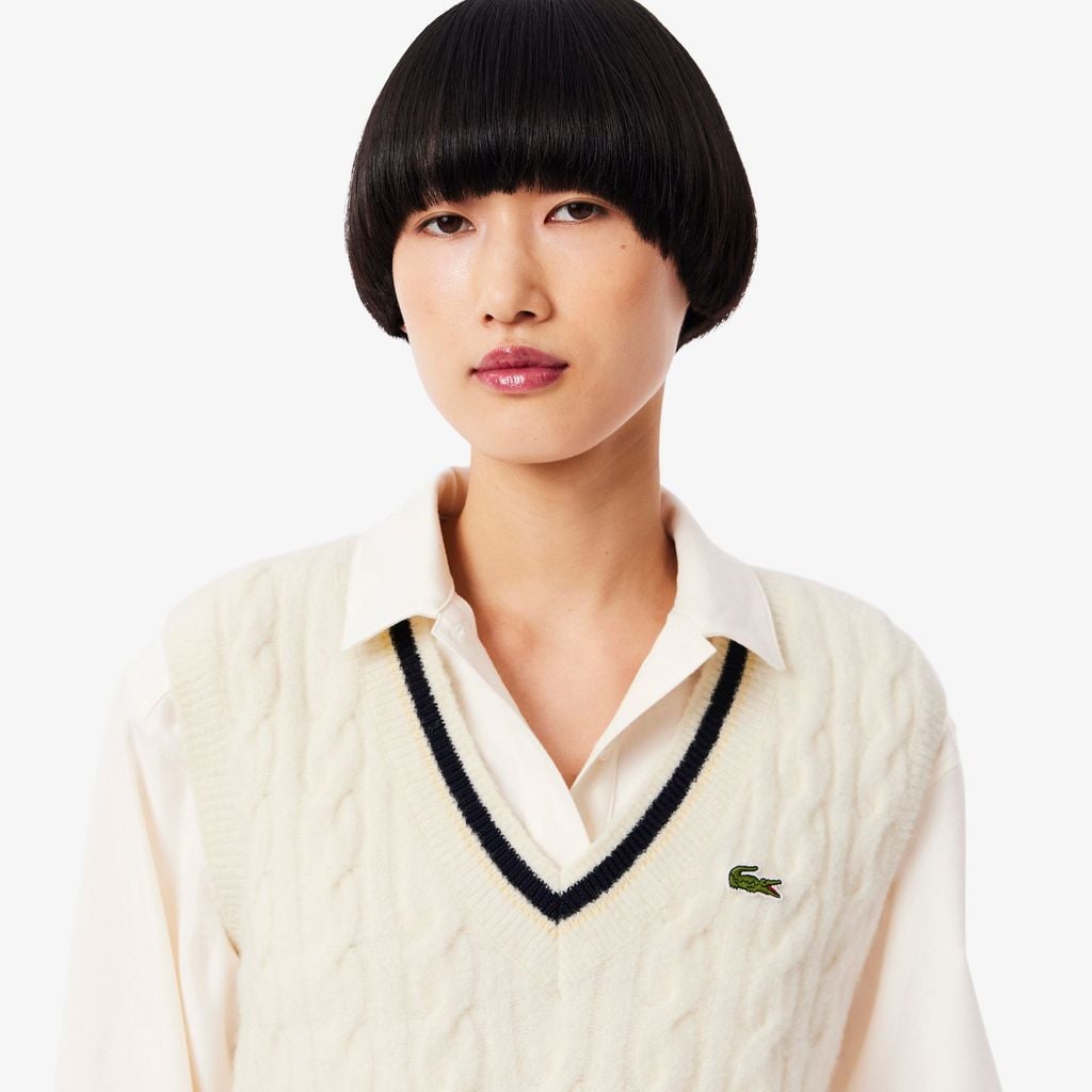 Áo Len Ghi Lê Lacoste Nữ Dáng Cổ Điển Đan Vặn Thừng