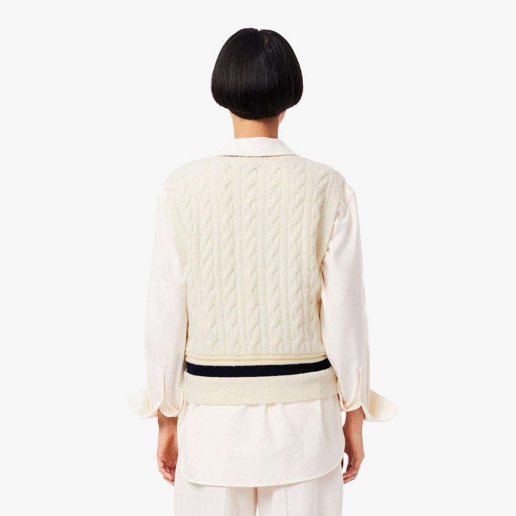 Áo Len Ghi Lê Lacoste Nữ Dáng Cổ Điển Đan Vặn Thừng