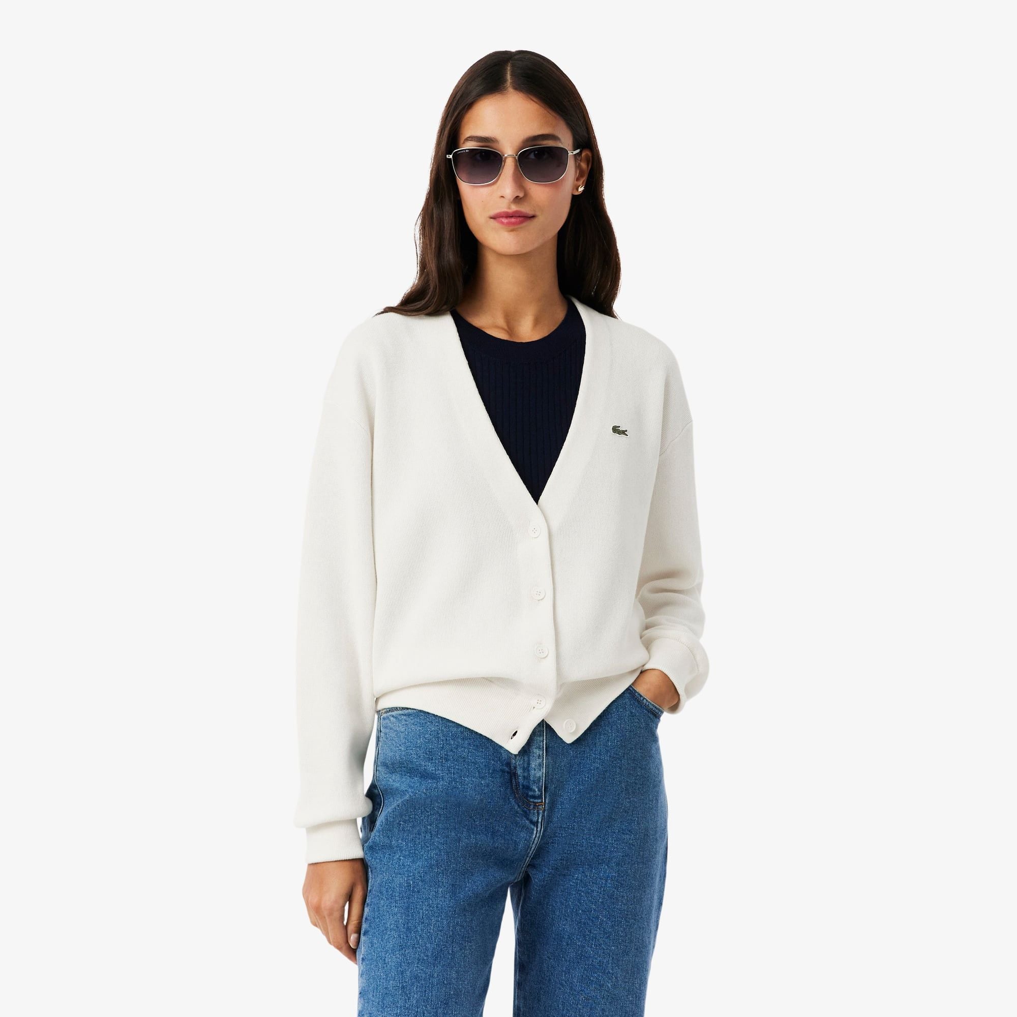 Áo Cardigan Lacoste Nữ Chất Liệu Cotton Cổ Chữ V Họa Tiết Rêu