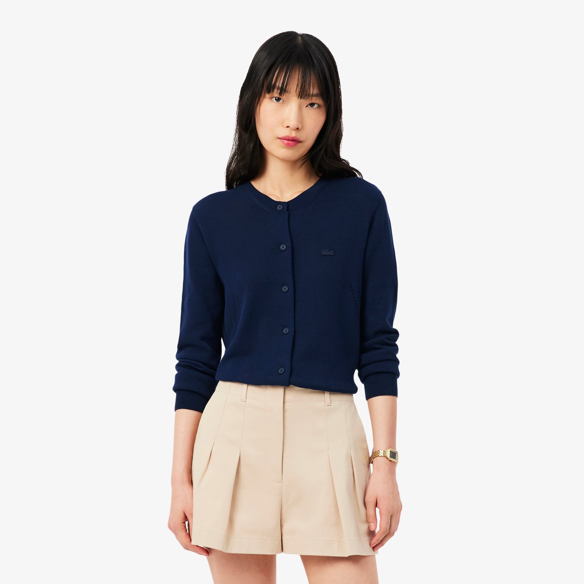 Áo Cardigan Lacoste Nữ Dáng Suông Chất Liệu Cotton Dệt Kim Gân 3D
