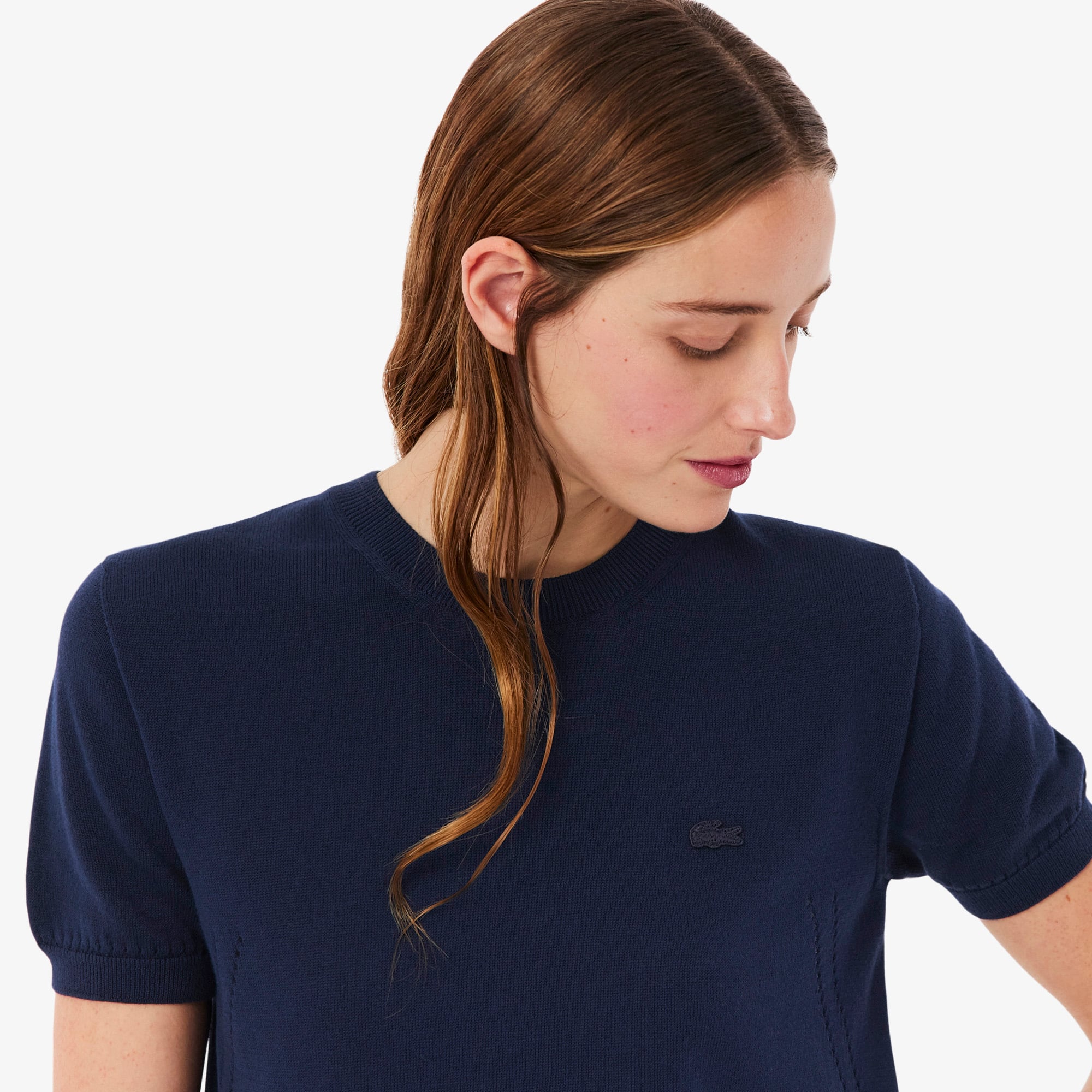 Áo Len Lacoste Nữ Dáng Suông Dệt Kim 3D Tay Ngắn