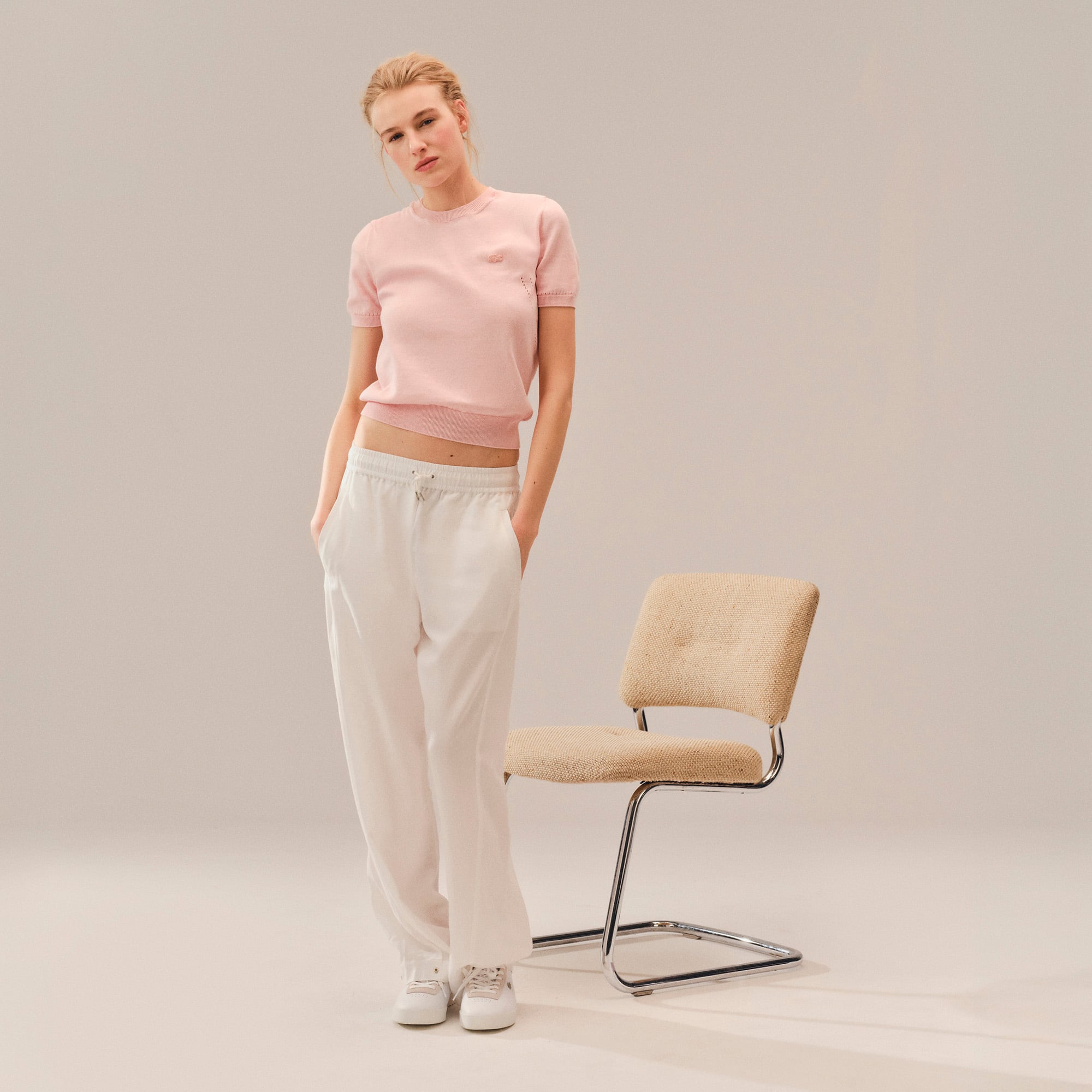 Áo Len Lacoste Nữ Dáng Suông Dệt Kim 3D Tay Ngắn