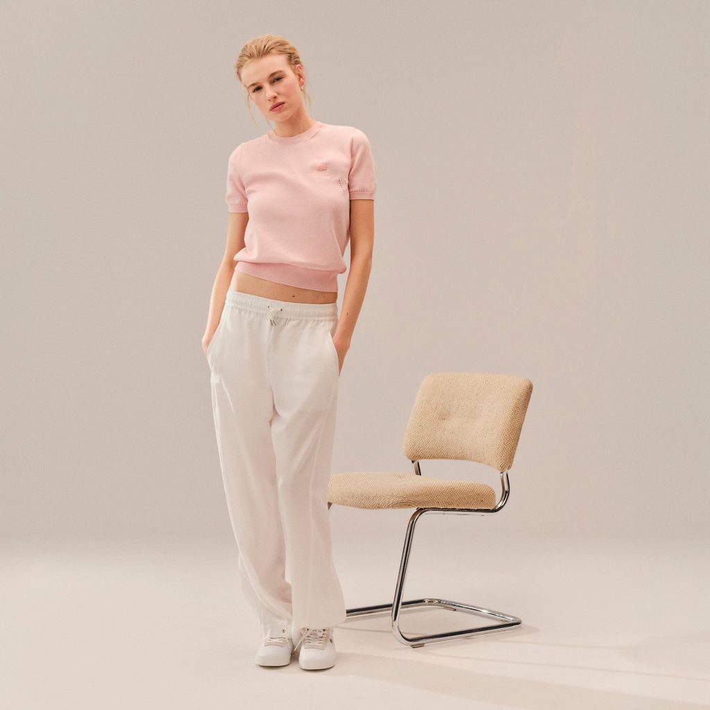 Áo Len Lacoste Nữ Dáng Suông Dệt Kim 3D Tay Ngắn