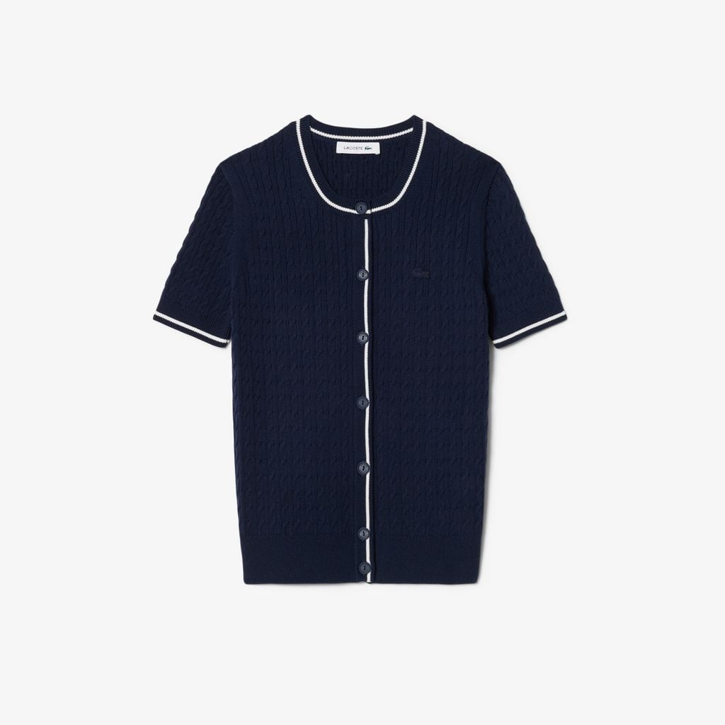 Áo Cardigan Lacoste Nữ Dáng Vừa Vặn Dệt Kim Sợi Cáp Tay Ngắn
