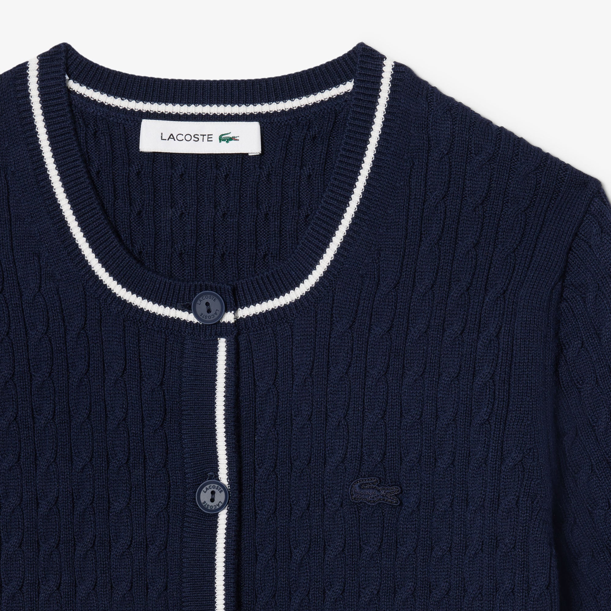 Áo Cardigan Lacoste Nữ Dáng Vừa Vặn Dệt Kim Sợi Cáp Tay Ngắn