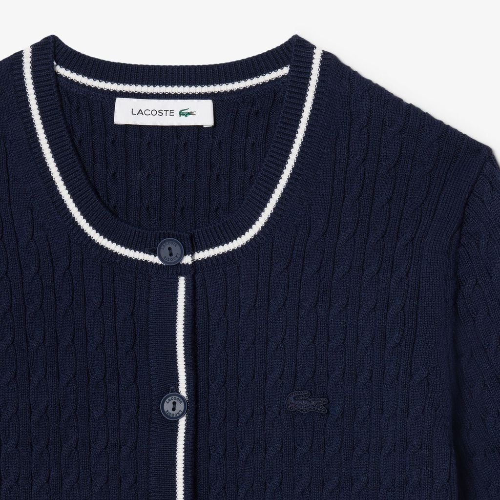 Áo Cardigan Lacoste Nữ Dáng Vừa Vặn Dệt Kim Sợi Cáp Tay Ngắn