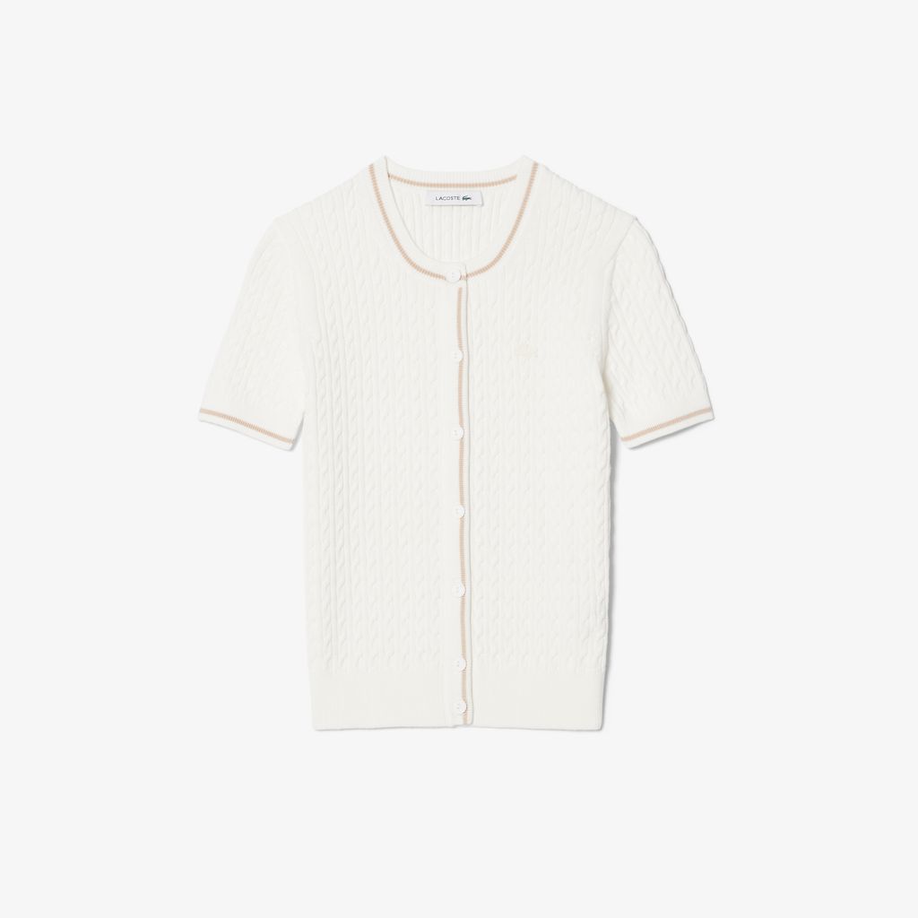 Áo Cardigan Lacoste Nữ Dáng Vừa Vặn Dệt Kim Sợi Cáp Tay Ngắn