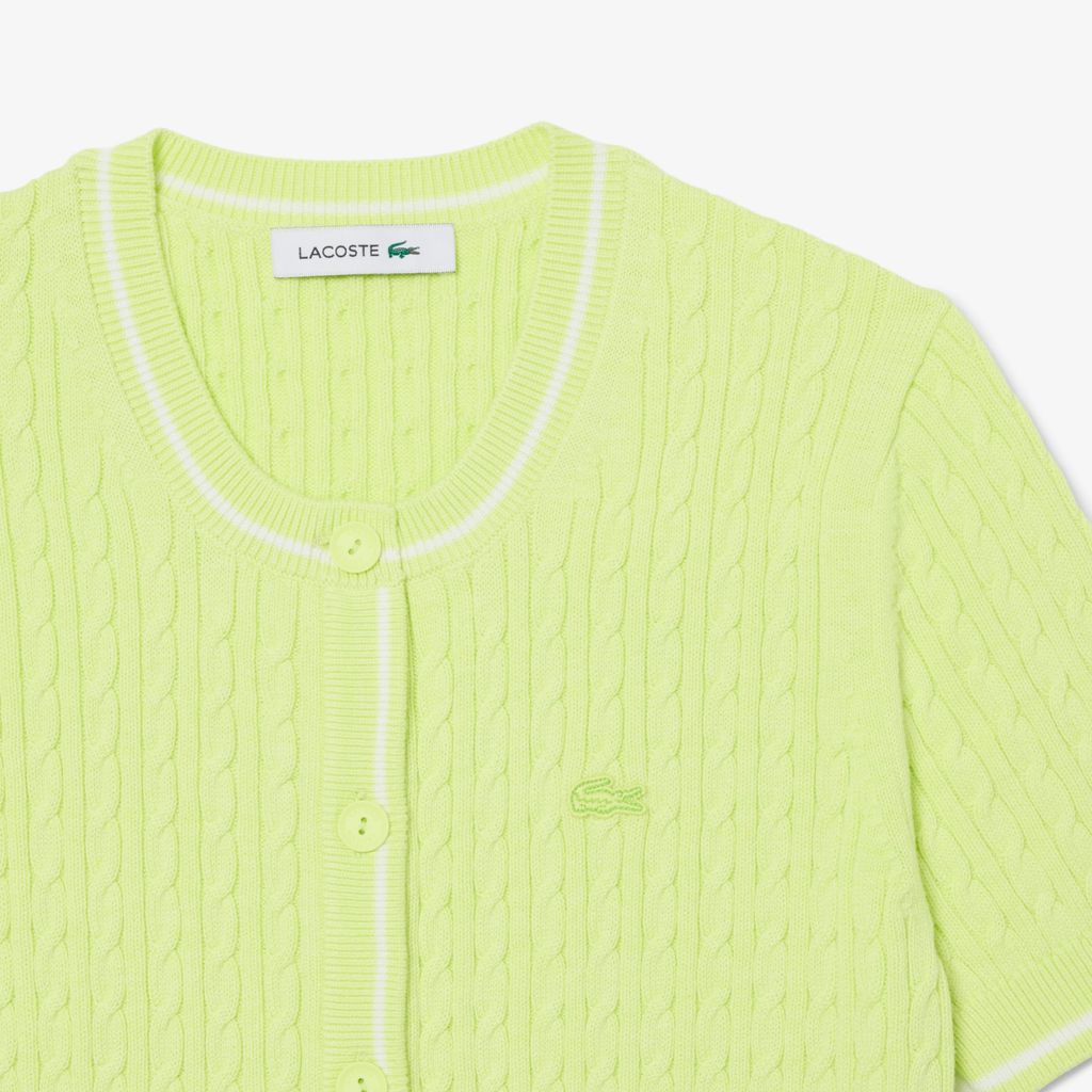 Áo Cardigan Lacoste Nữ Dáng Vừa Vặn Dệt Kim Sợi Cáp Tay Ngắn