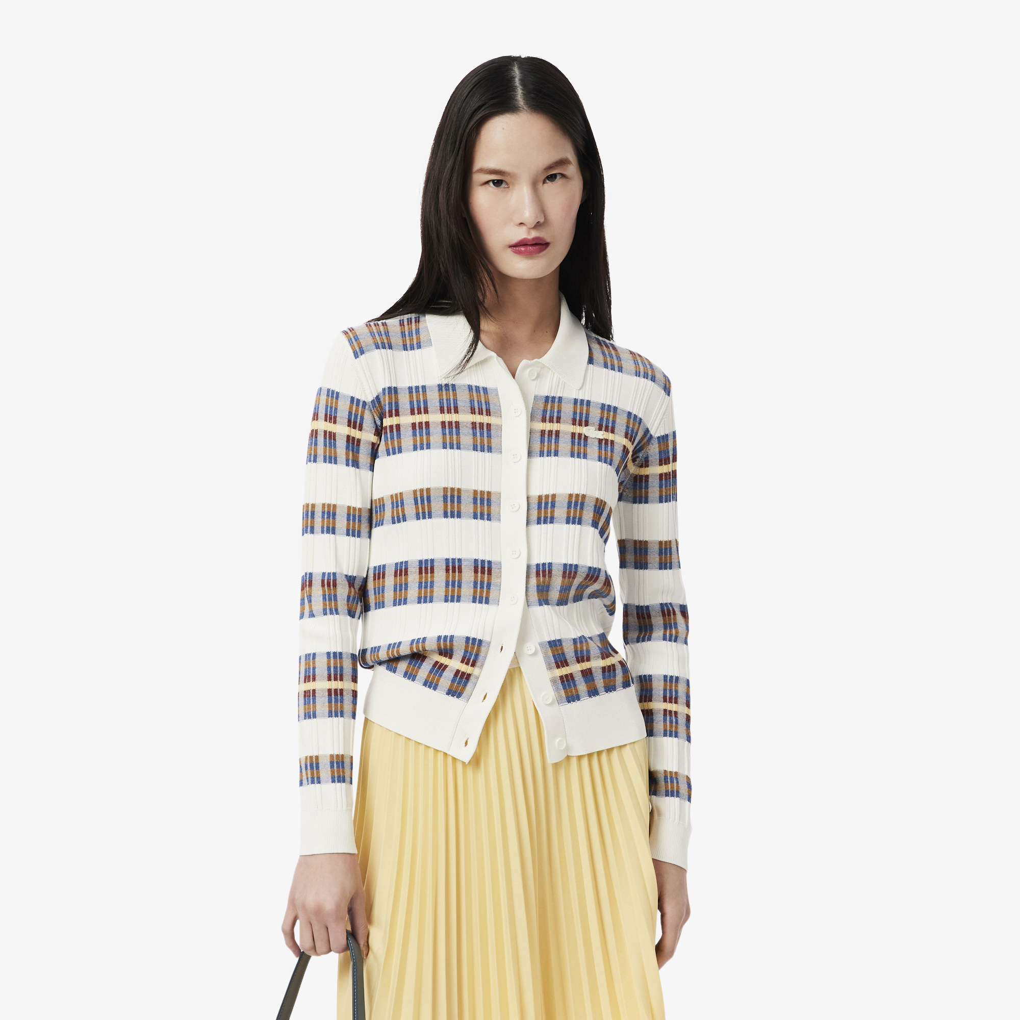 Áo Len Polo Lacoste Nữ Dáng Cổ Điển Sọc Dài Tay Dệt Kim Gân