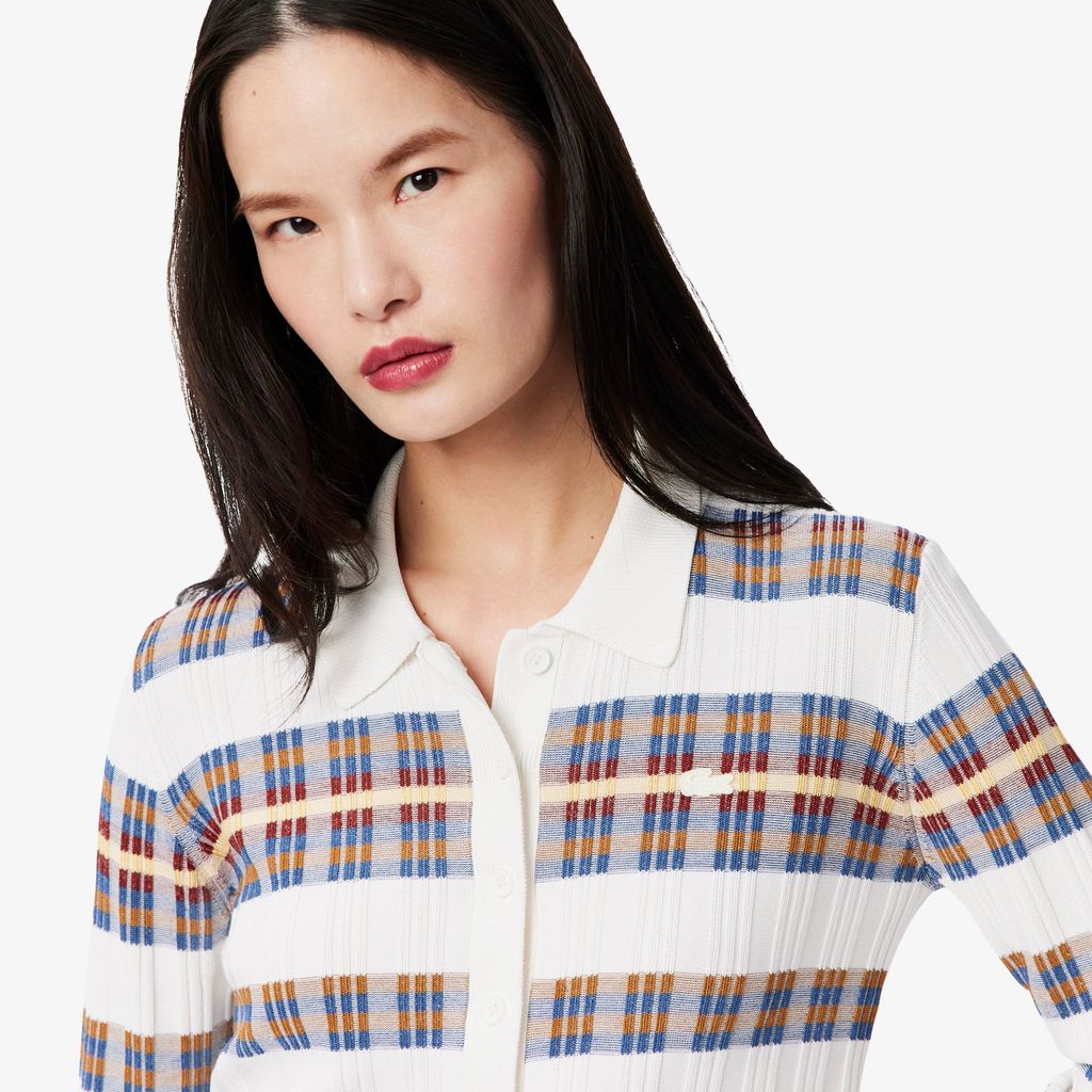 Áo Len Polo Lacoste Nữ Dáng Cổ Điển Sọc Dài Tay Dệt Kim Gân