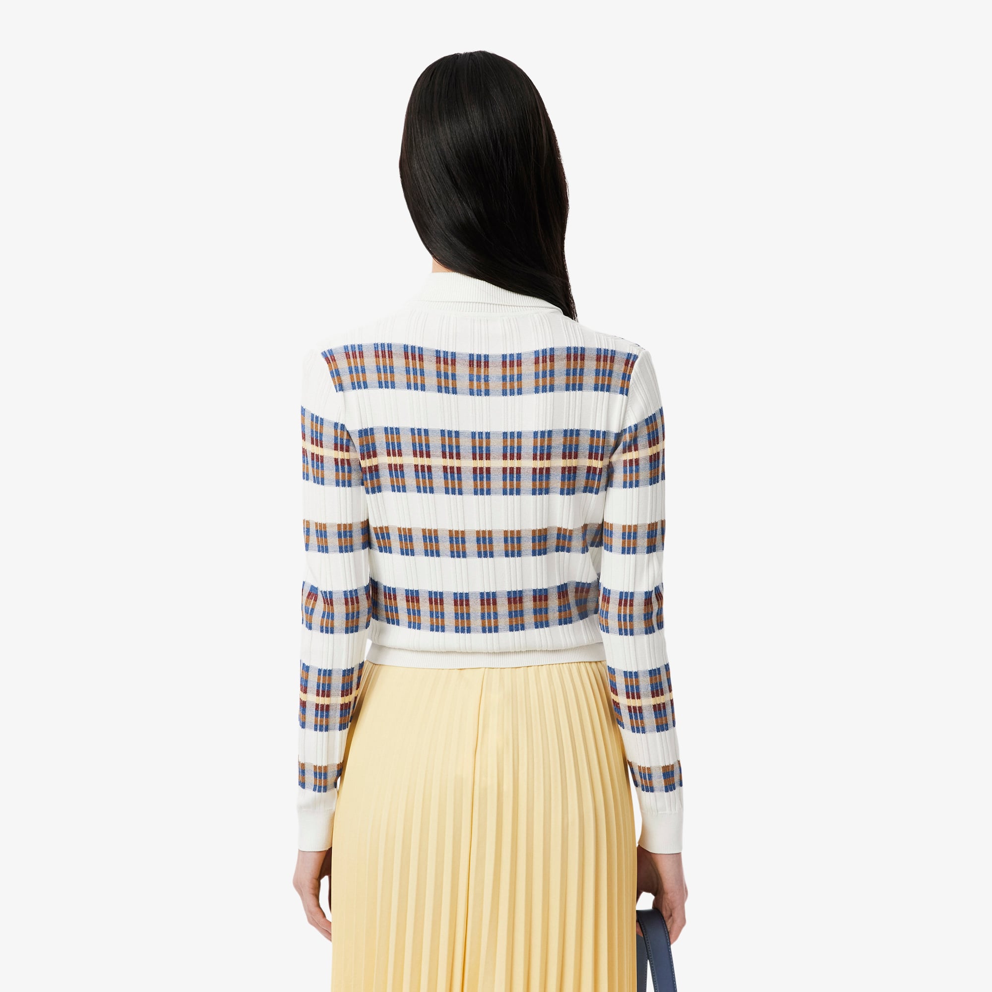 Áo Len Polo Lacoste Nữ Dáng Cổ Điển Sọc Dài Tay Dệt Kim Gân