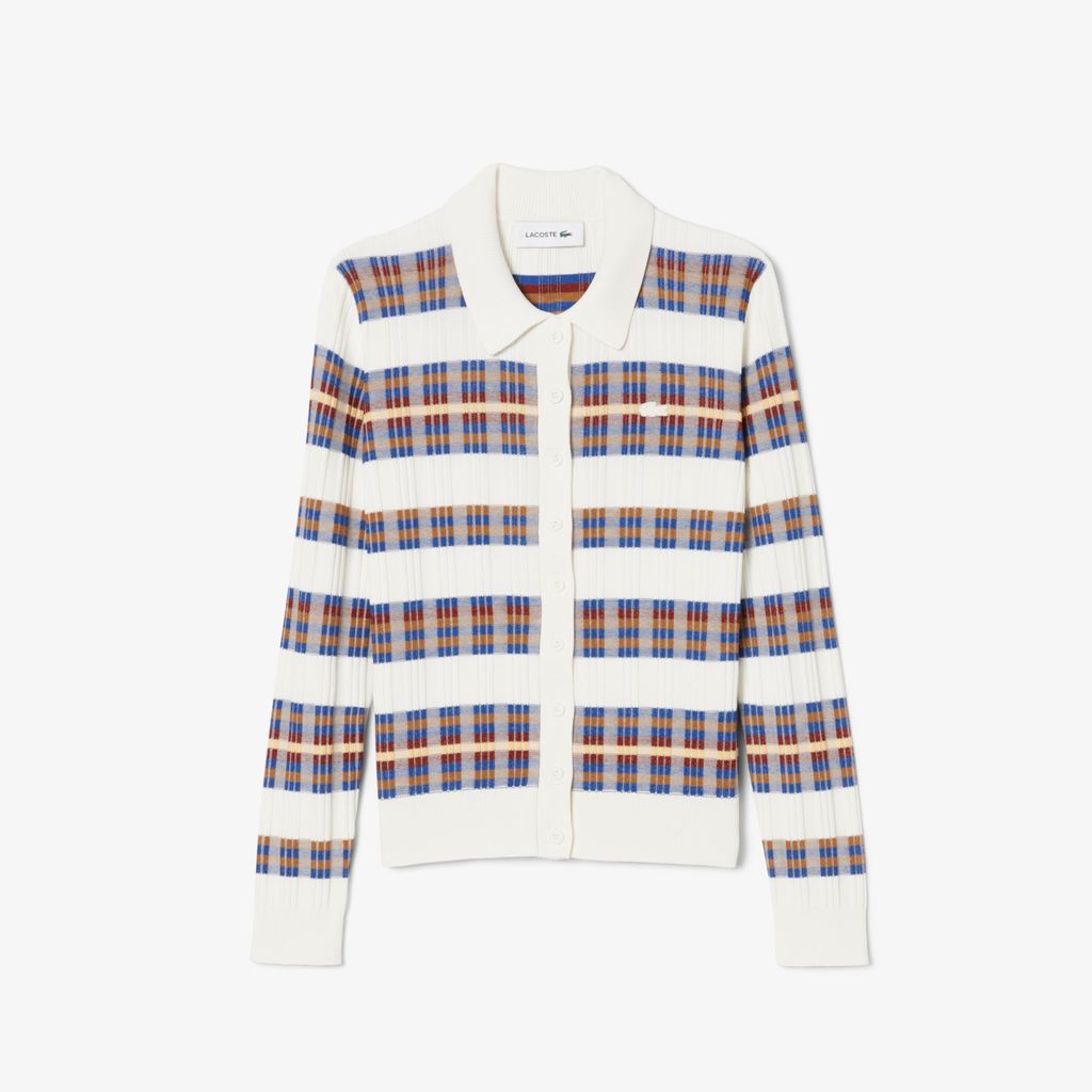 Áo Len Polo Lacoste Nữ Dáng Cổ Điển Sọc Dài Tay Dệt Kim Gân