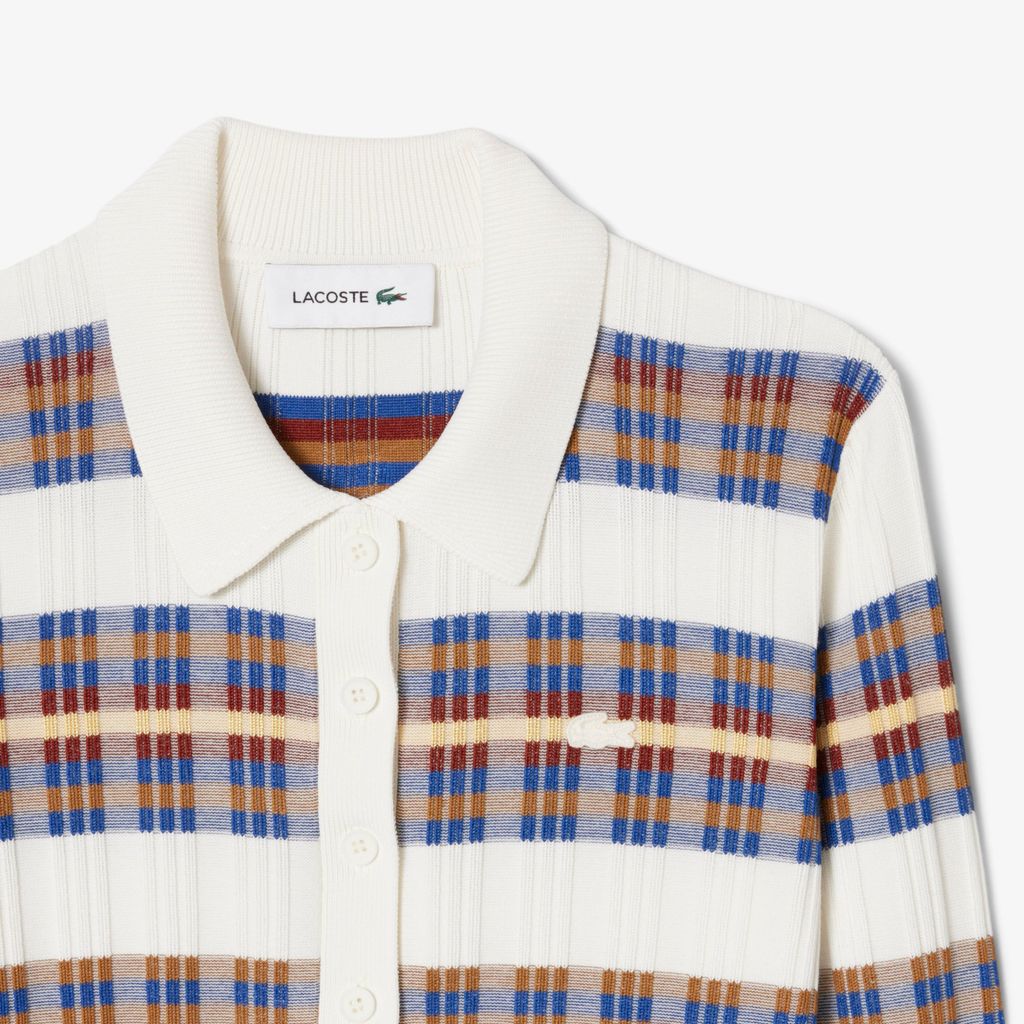 Áo Len Polo Lacoste Nữ Dáng Cổ Điển Sọc Dài Tay Dệt Kim Gân
