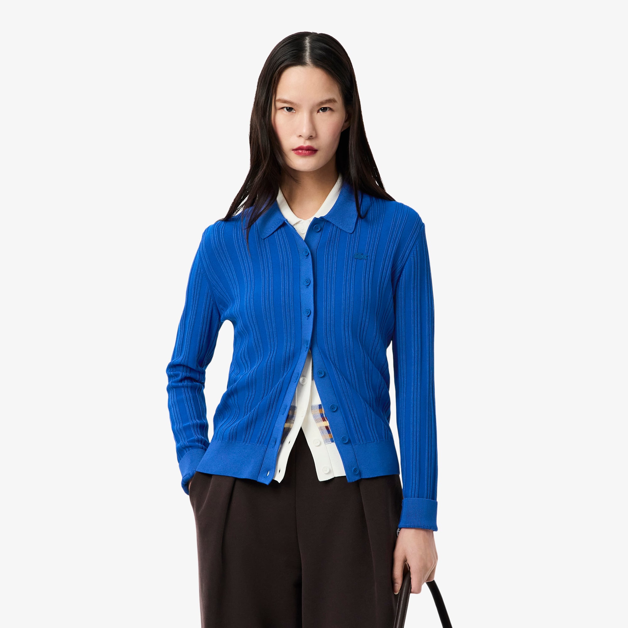 Áo Len Polo Lacoste Nữ Dáng Cổ Điển Sọc Dài Tay Dệt Kim Gân