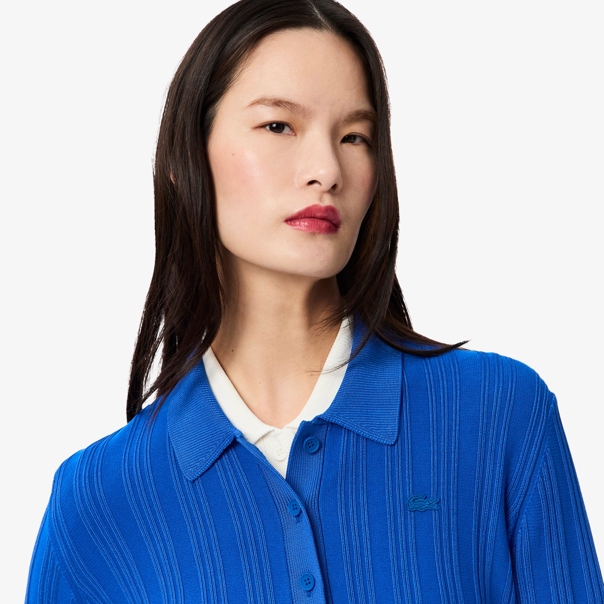 Áo Len Polo Lacoste Nữ Dáng Cổ Điển Sọc Dài Tay Dệt Kim Gân