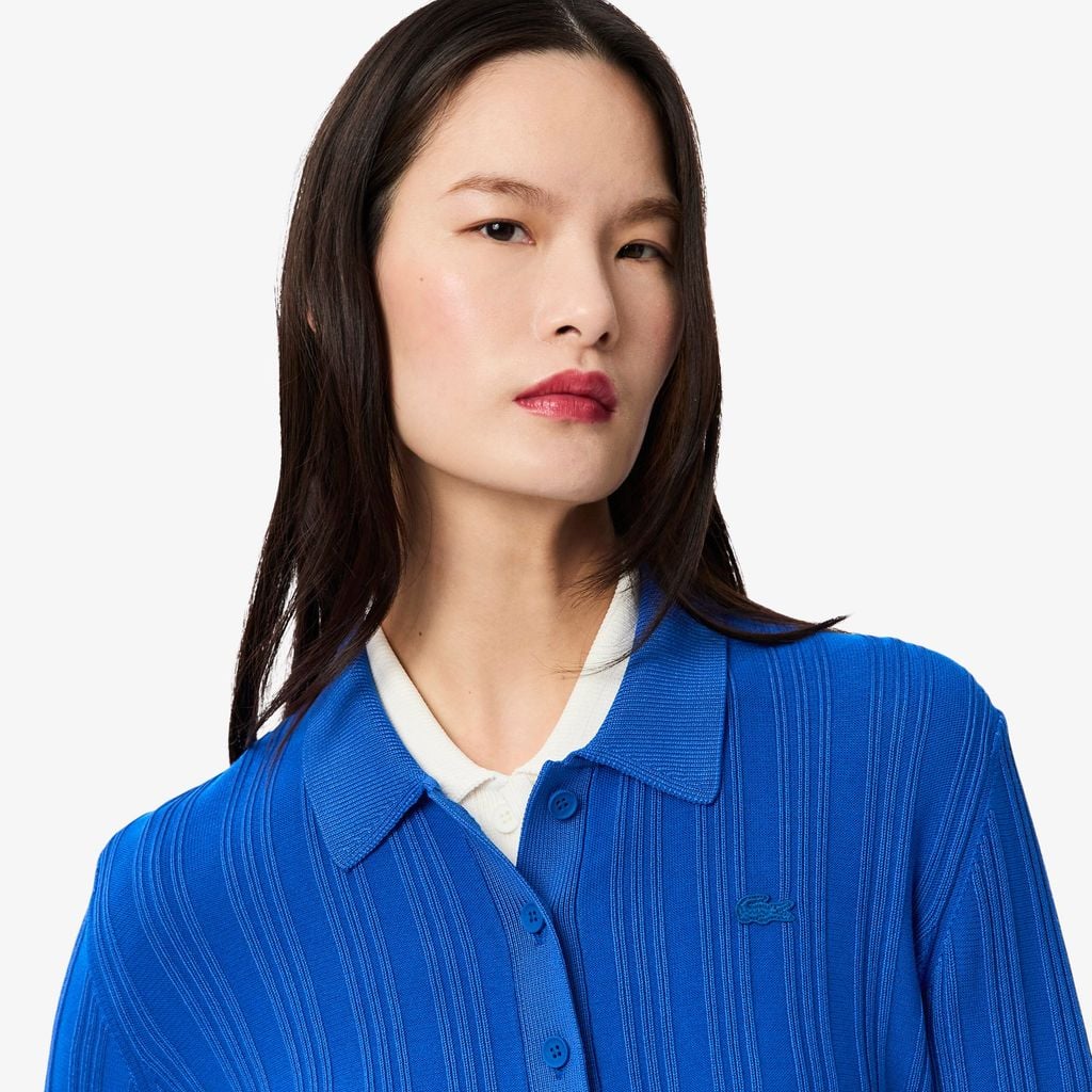 Áo Len Polo Lacoste Nữ Dáng Cổ Điển Sọc Dài Tay Dệt Kim Gân