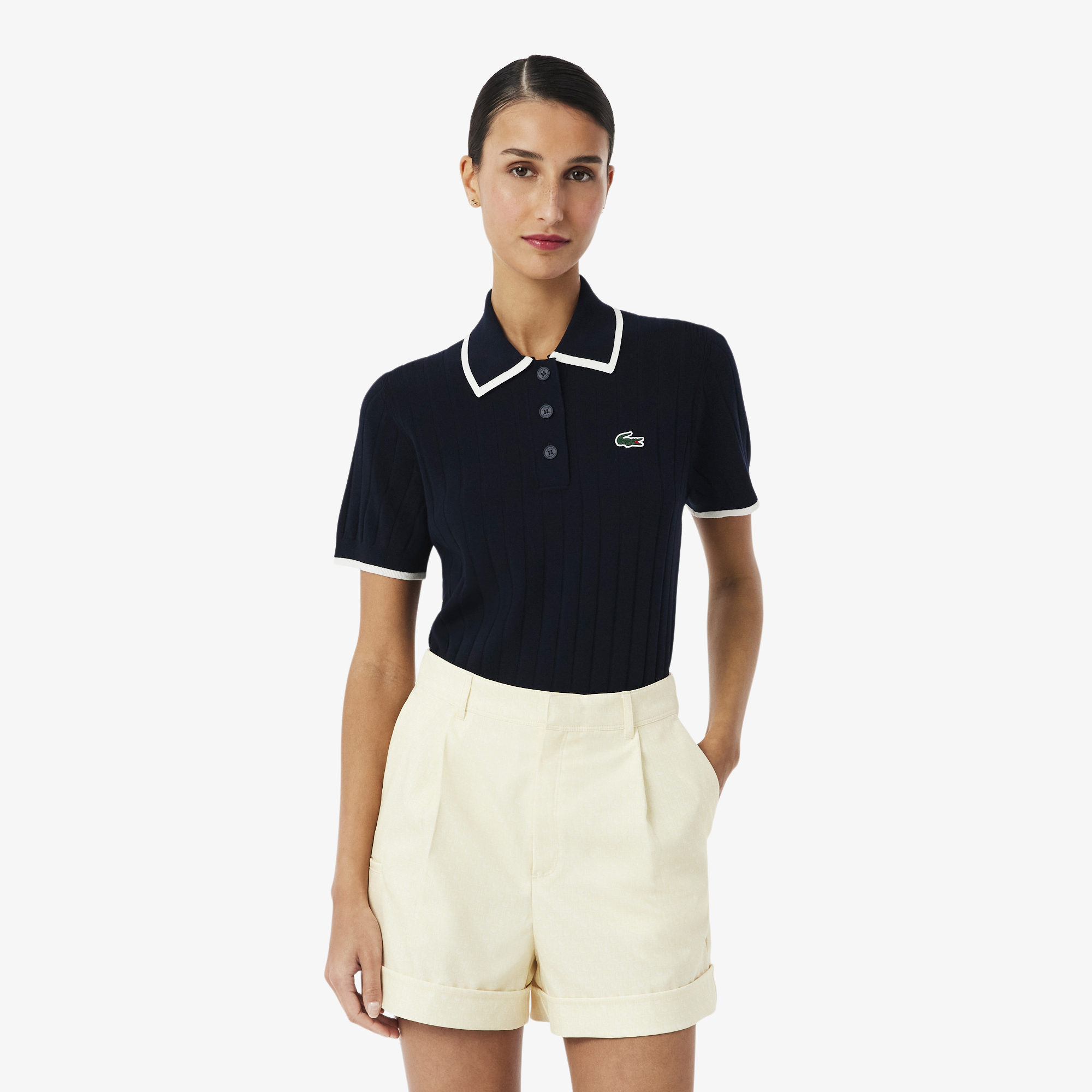 Áo Len Golf Lacoste Nữ Dáng Suông Cổ Polo Tay Ngắn
