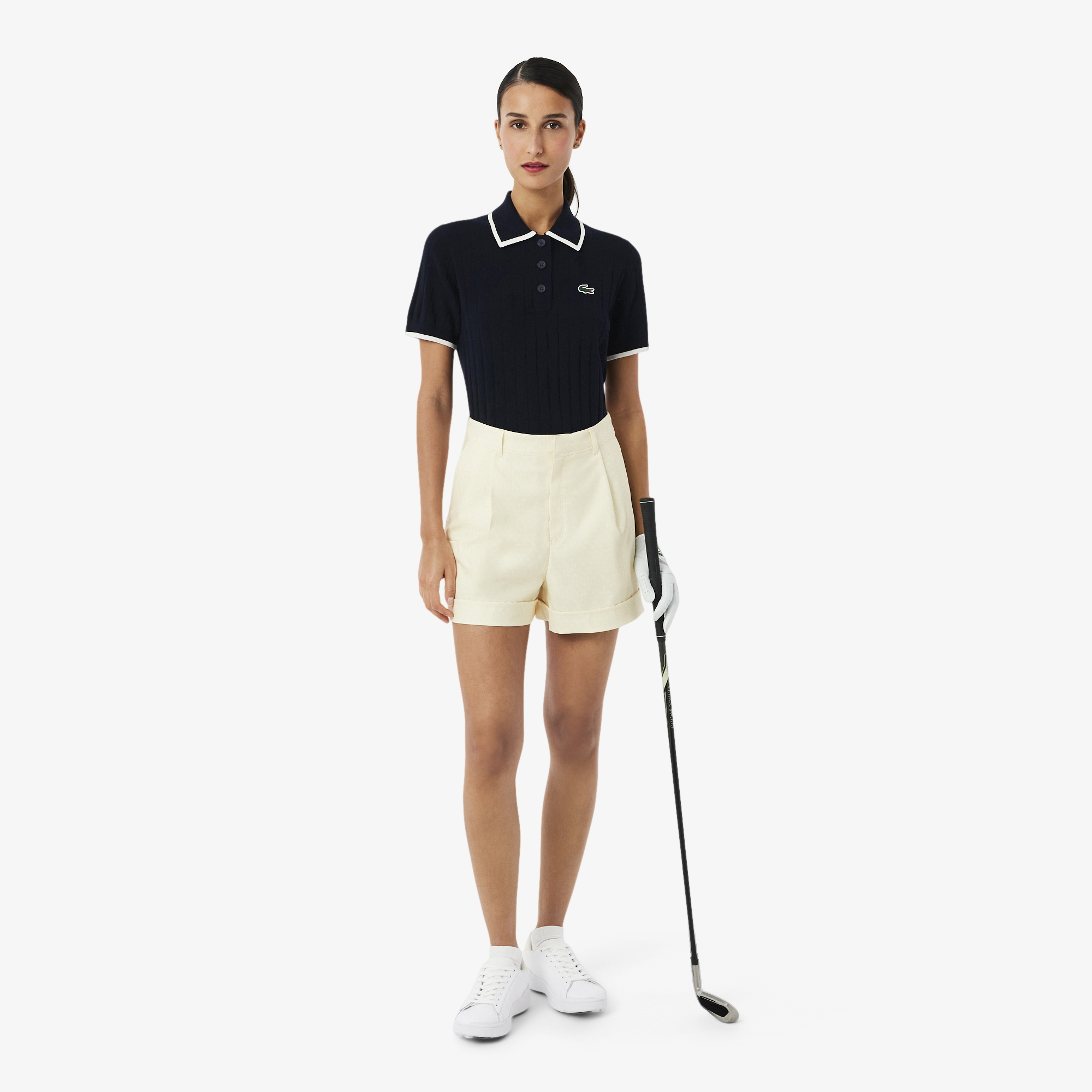 Áo Len Golf Lacoste Nữ Dáng Suông Cổ Polo Tay Ngắn