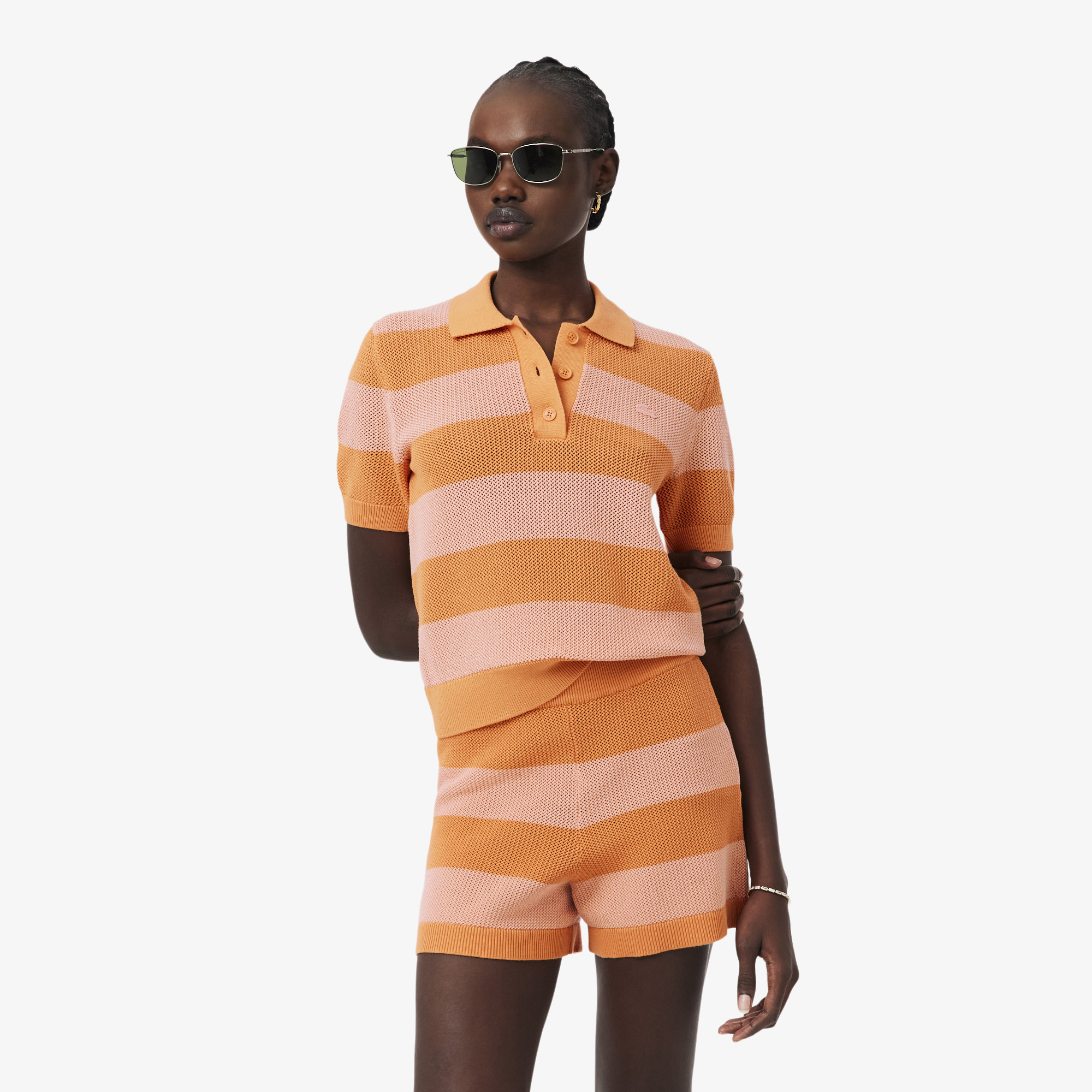 Áo Len Lacoste Nữ Dáng Suông Dệt Lưới Cổ Polo Kẻ Sọc