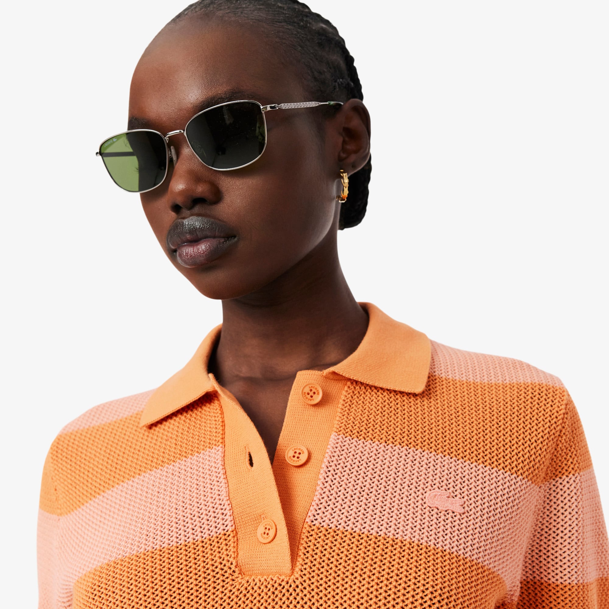 Áo Len Lacoste Nữ Dáng Suông Dệt Lưới Cổ Polo Kẻ Sọc