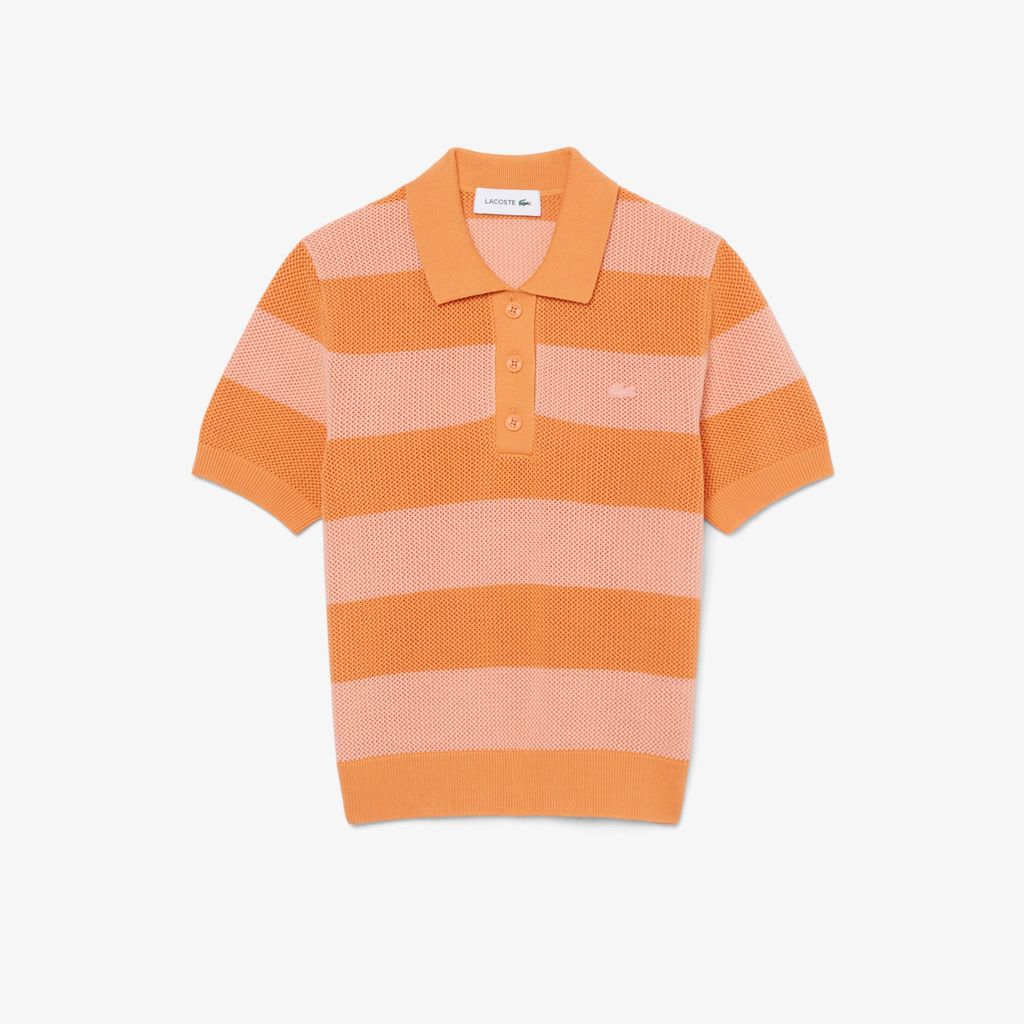 Áo Len Lacoste Nữ Dáng Suông Dệt Lưới Cổ Polo Kẻ Sọc