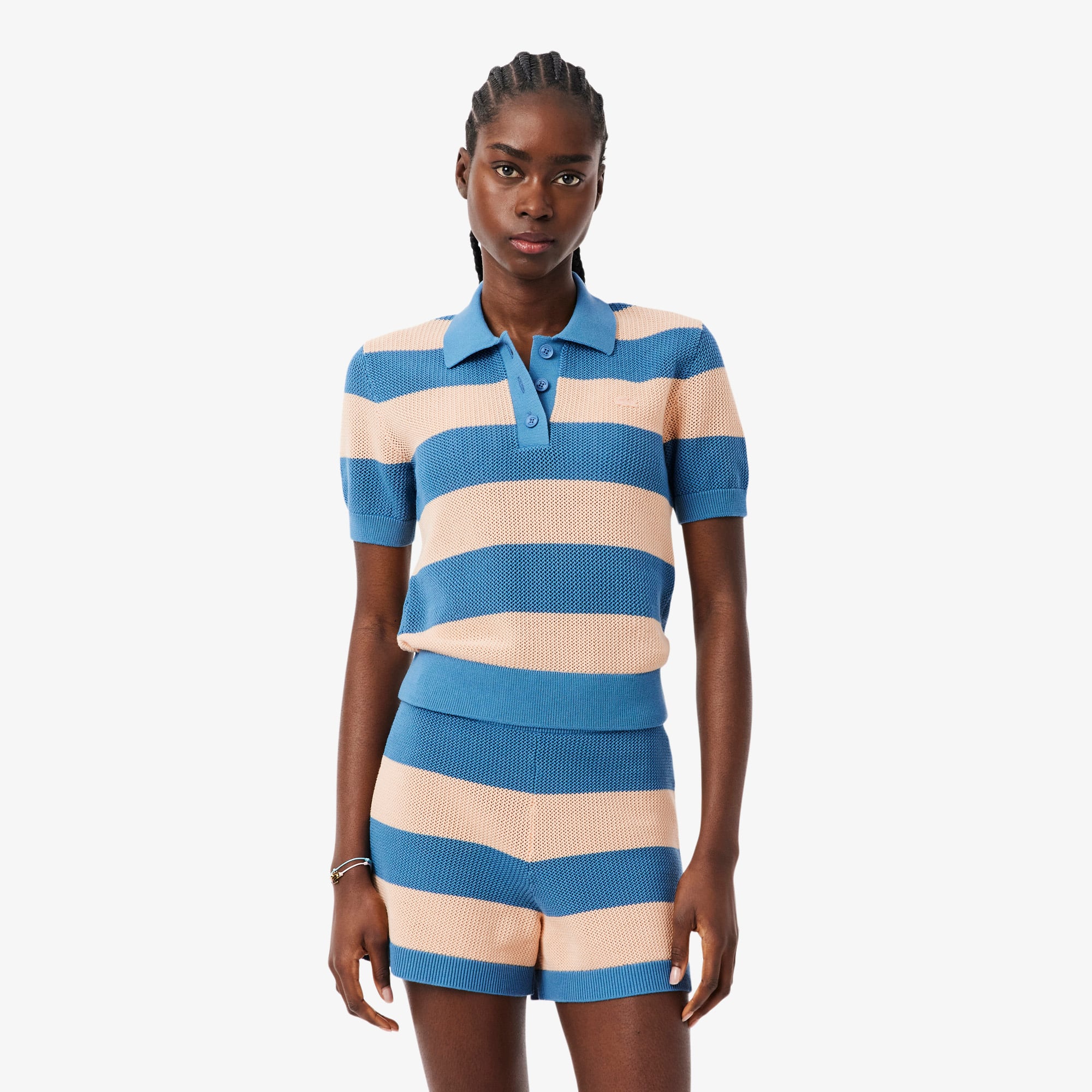 Áo Len Lacoste Nữ Dáng Suông Dệt Lưới Cổ Polo Kẻ Sọc
