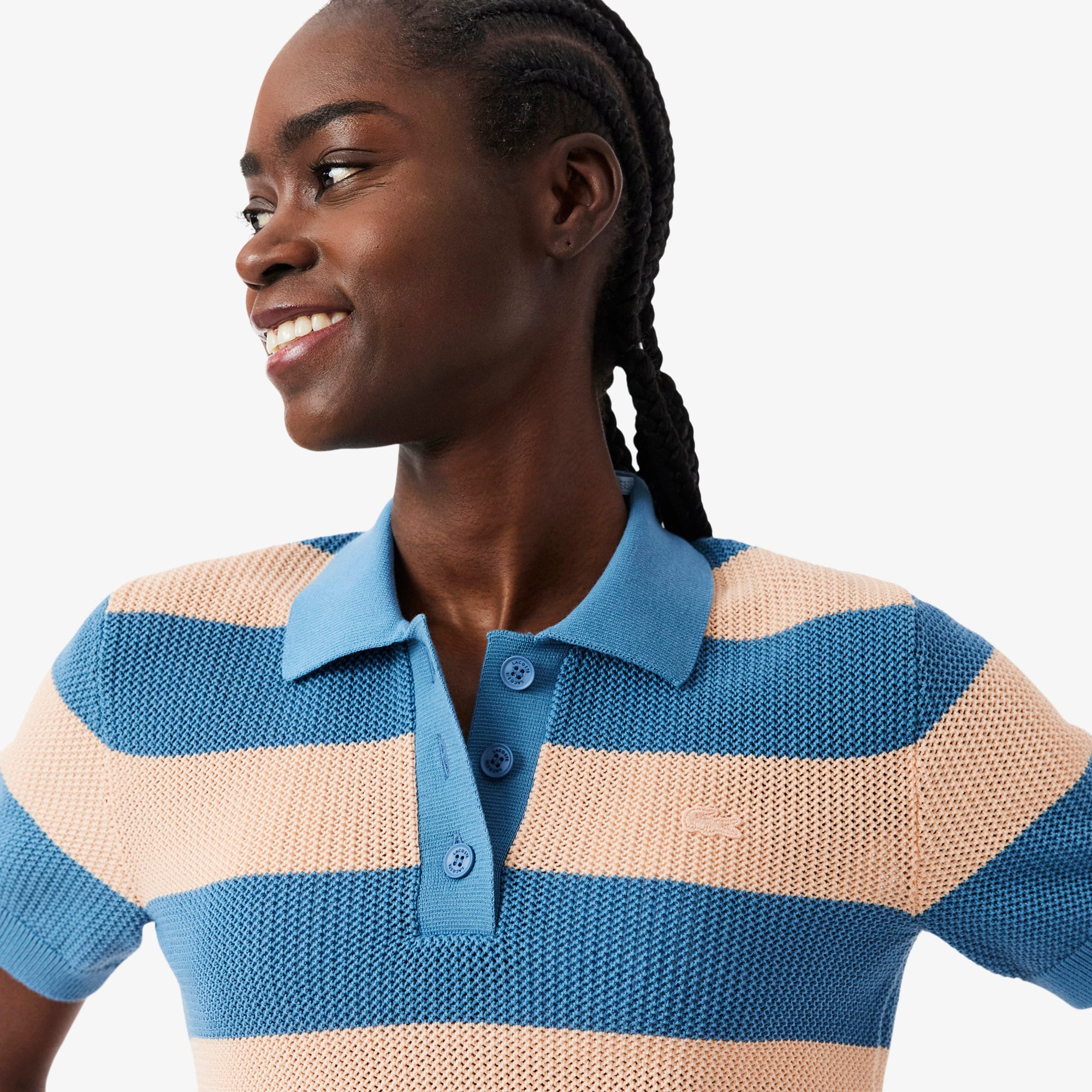Áo Len Lacoste Nữ Dáng Suông Dệt Lưới Cổ Polo Kẻ Sọc