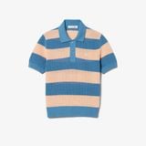 Áo Len Lacoste Nữ Dáng Suông Dệt Lưới Cổ Polo Kẻ Sọc